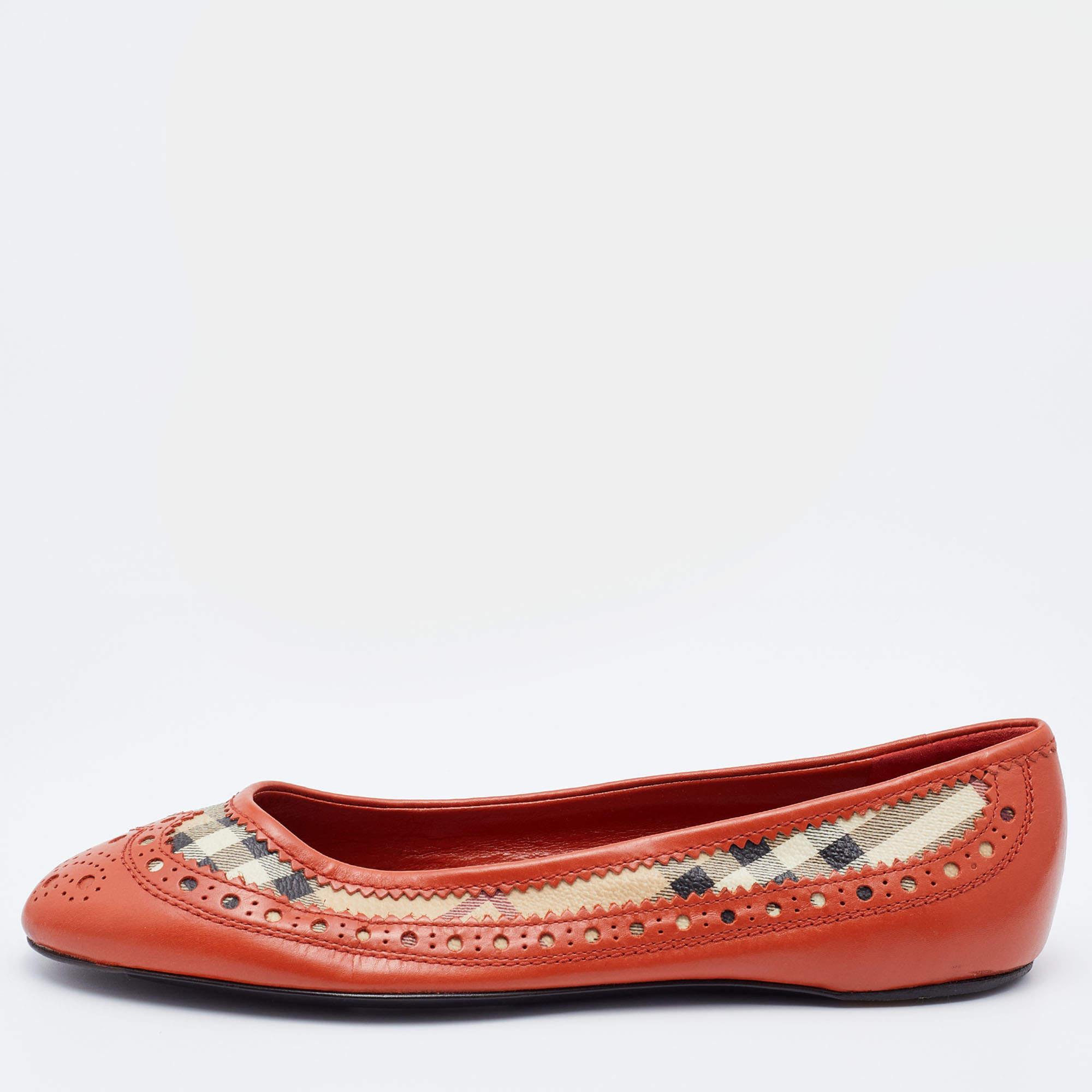 Pre Owned Burberry Multicolor Brogue Leather and Haymarket Check Canvas Tudor Ballet Flats Size 38