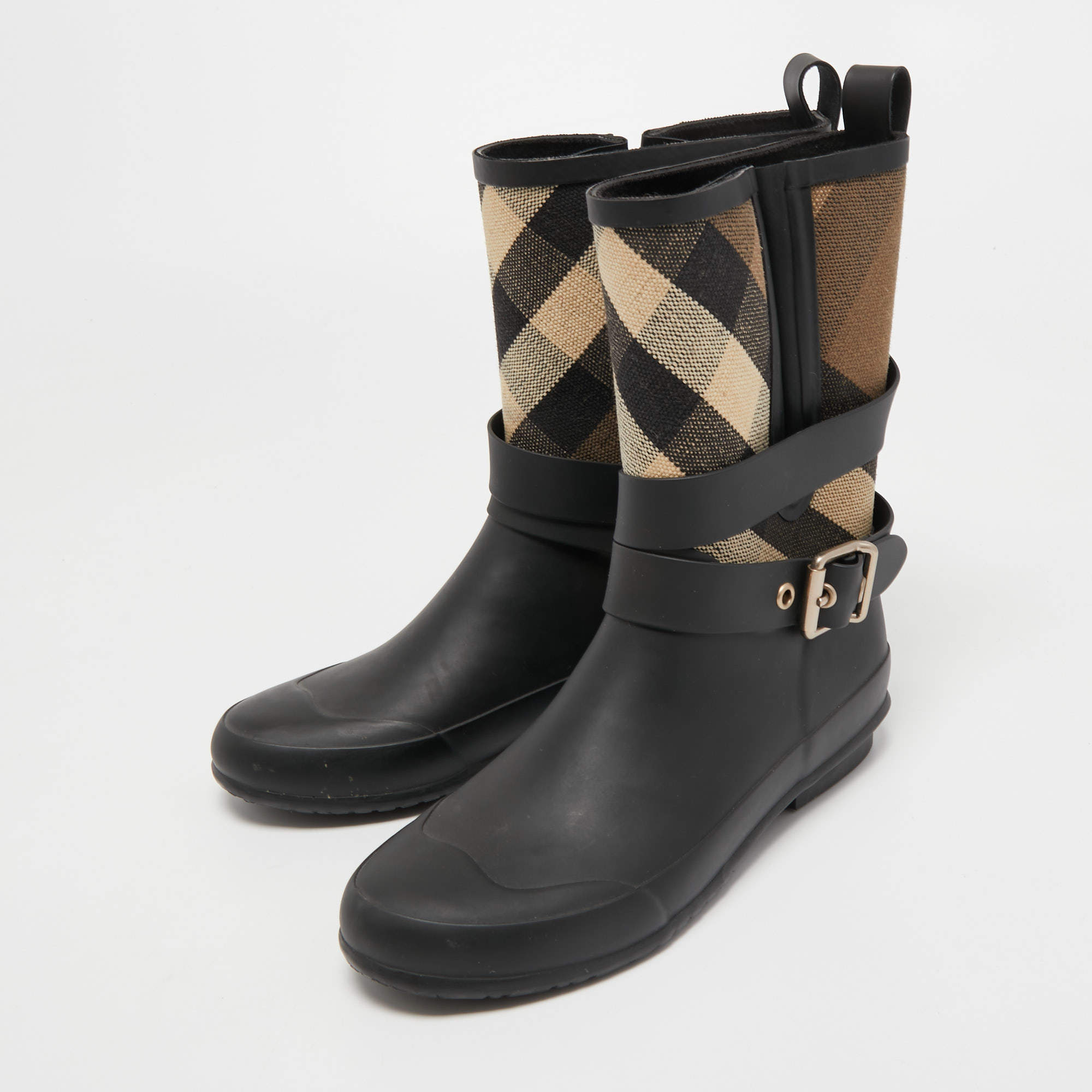 Burberry Black Rubber and House Check Canvas Rain Boots Size 38 Burberry TLC