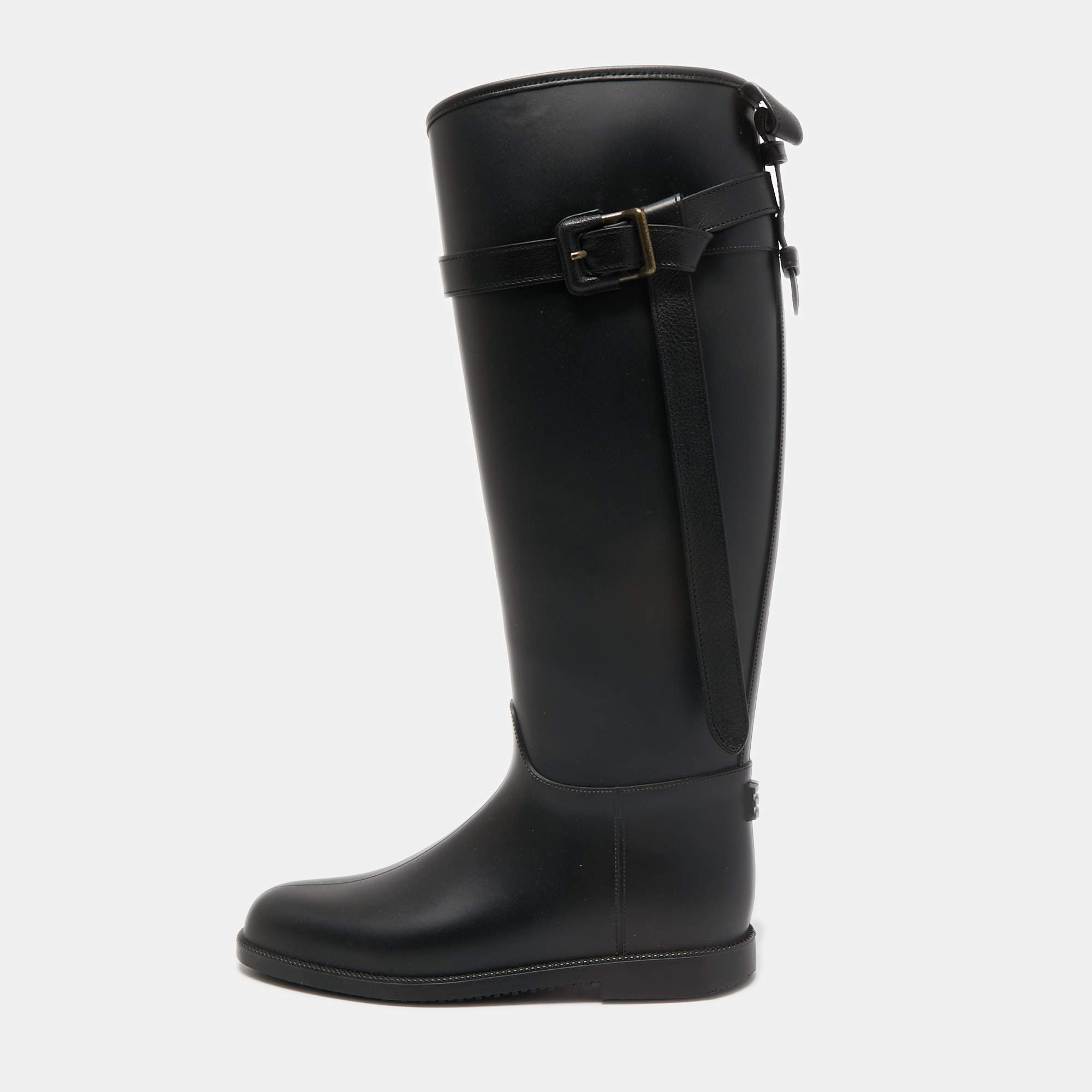 Burberry Black Rubber Belted Equestrian Rain Boots Size 38