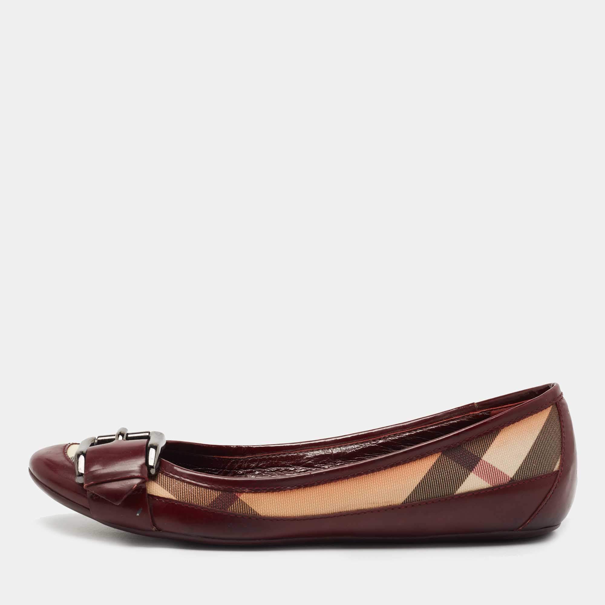 Pre Owned Burberry Burgundy Leather and Nova Check Canvas Buckle Ballet Flats Size 37.5