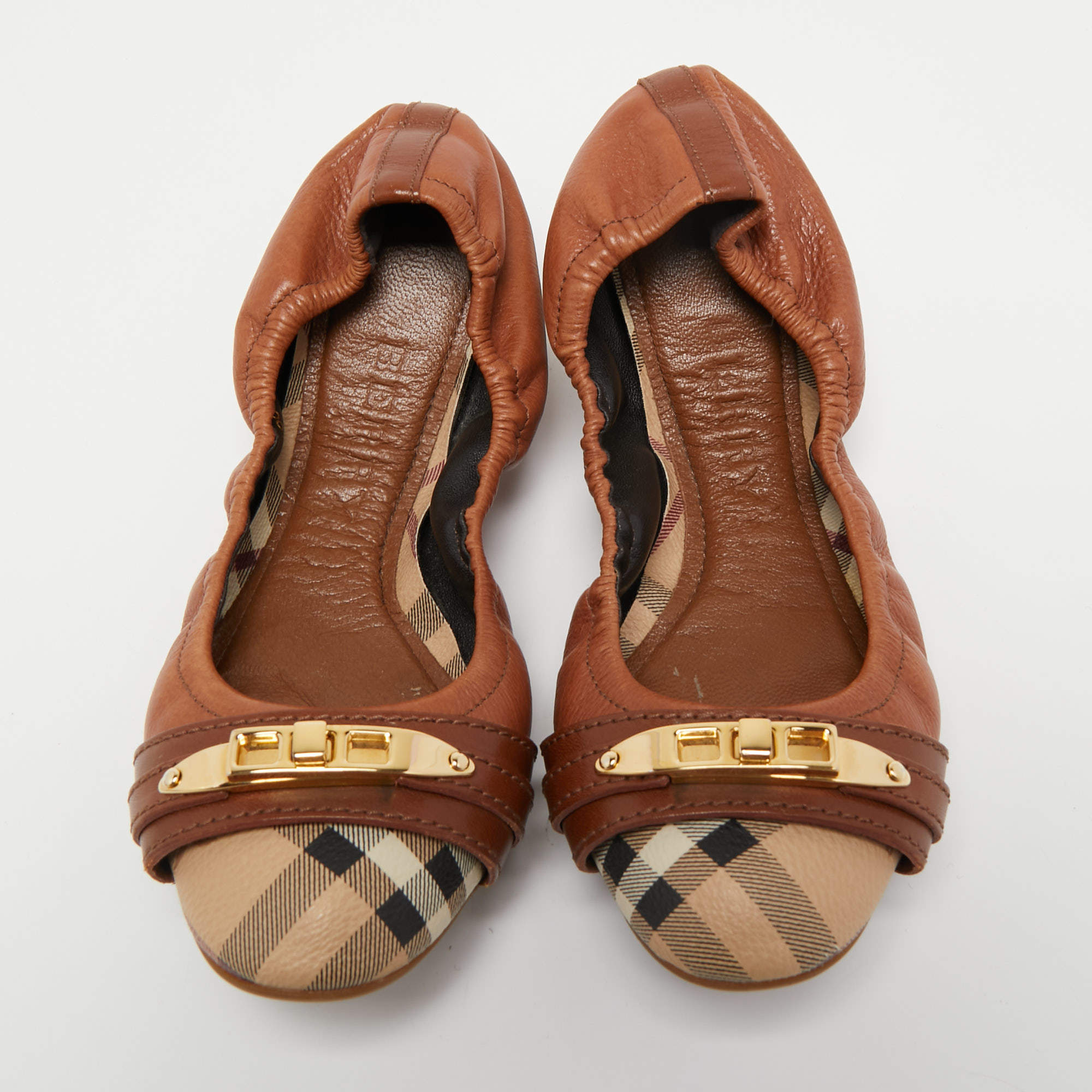 Burberry Brown Leather and Nova Check Coated Canvas Scrunch Ballet Flats  Size 36 Burberry | TLC