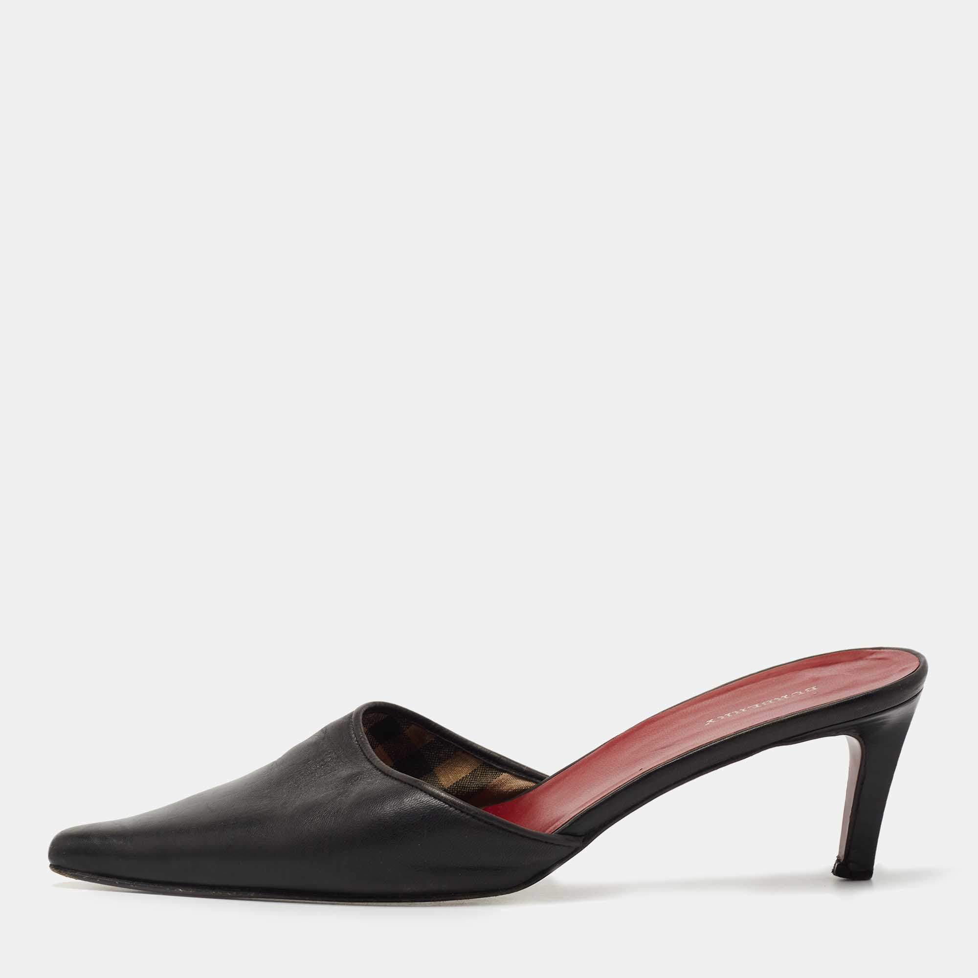 Burberry Black Leather Pointed Toe Mules Size 38.5