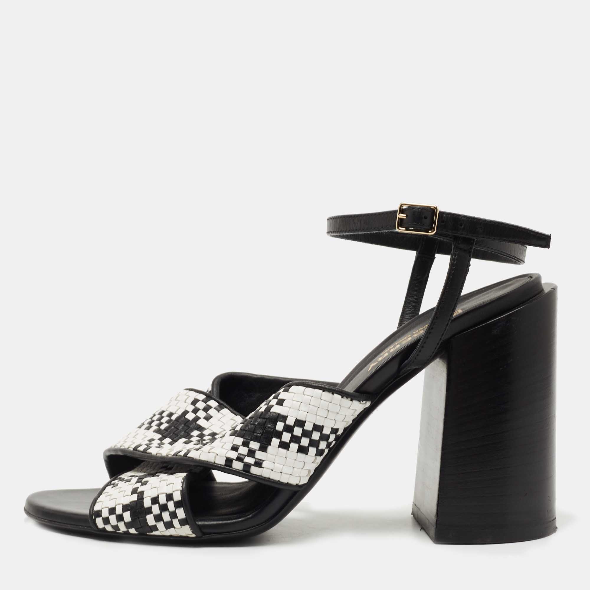 Pre Owned Burberry Black/White Woven Leather Castlebar Ankle Strap Sandals Size 38