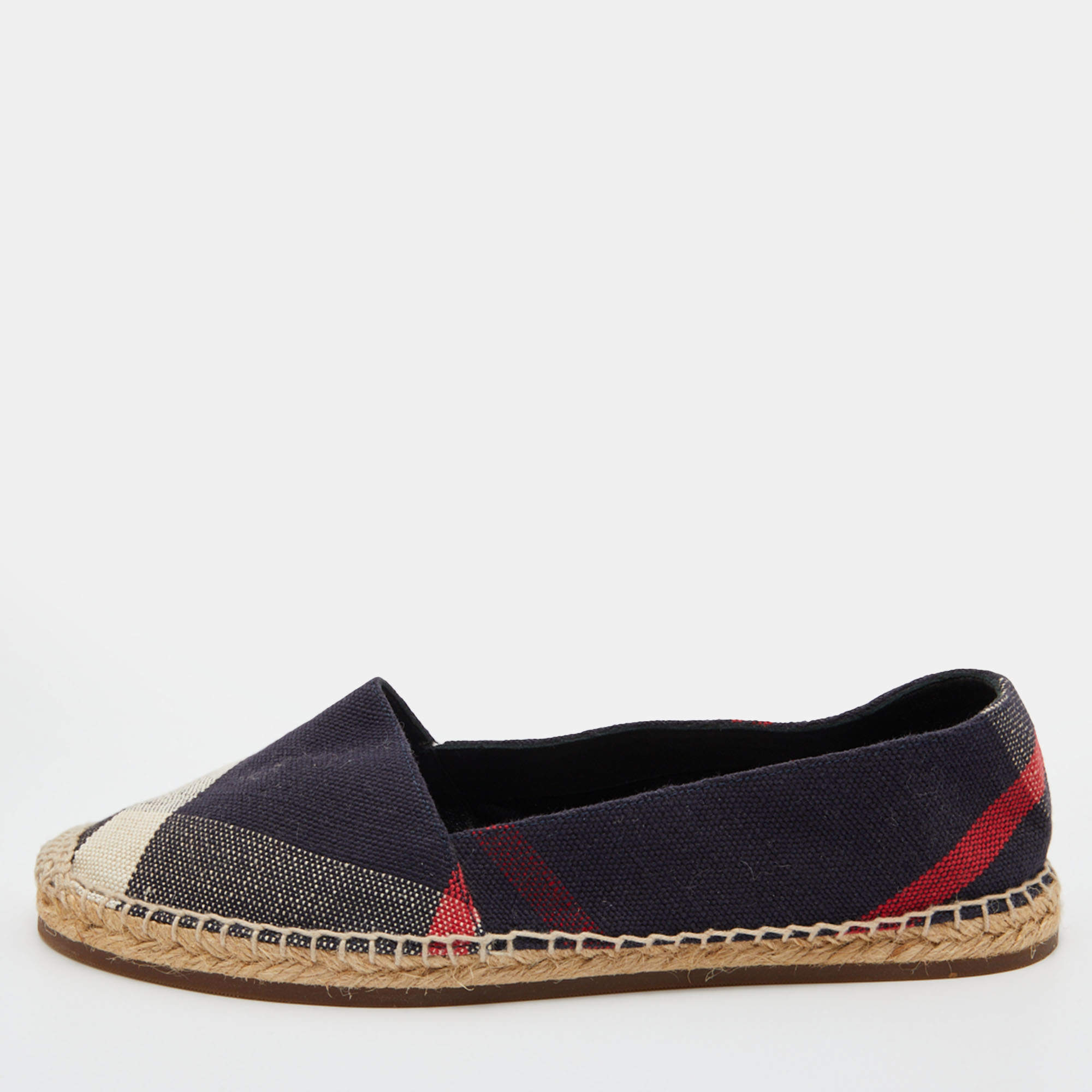 Burberry Navy Blue Nova Check Canvas Espadrille Flats Size 38
