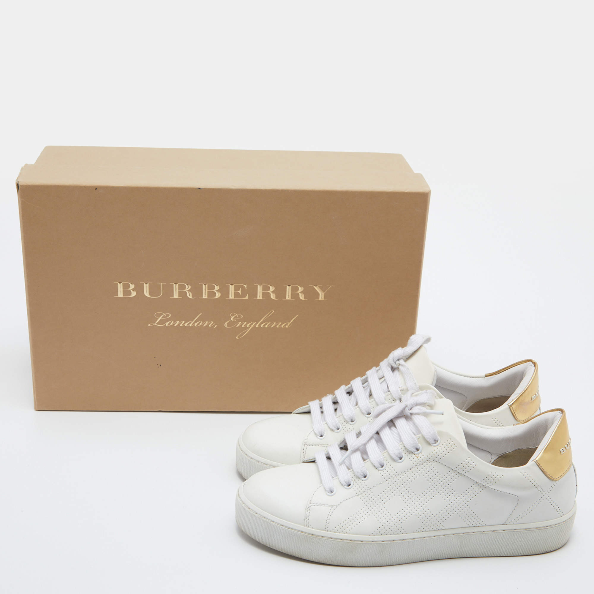 Burberry White Gold Perforated Leather Westford Low Top Sneakers Size 36 Burberry TLC