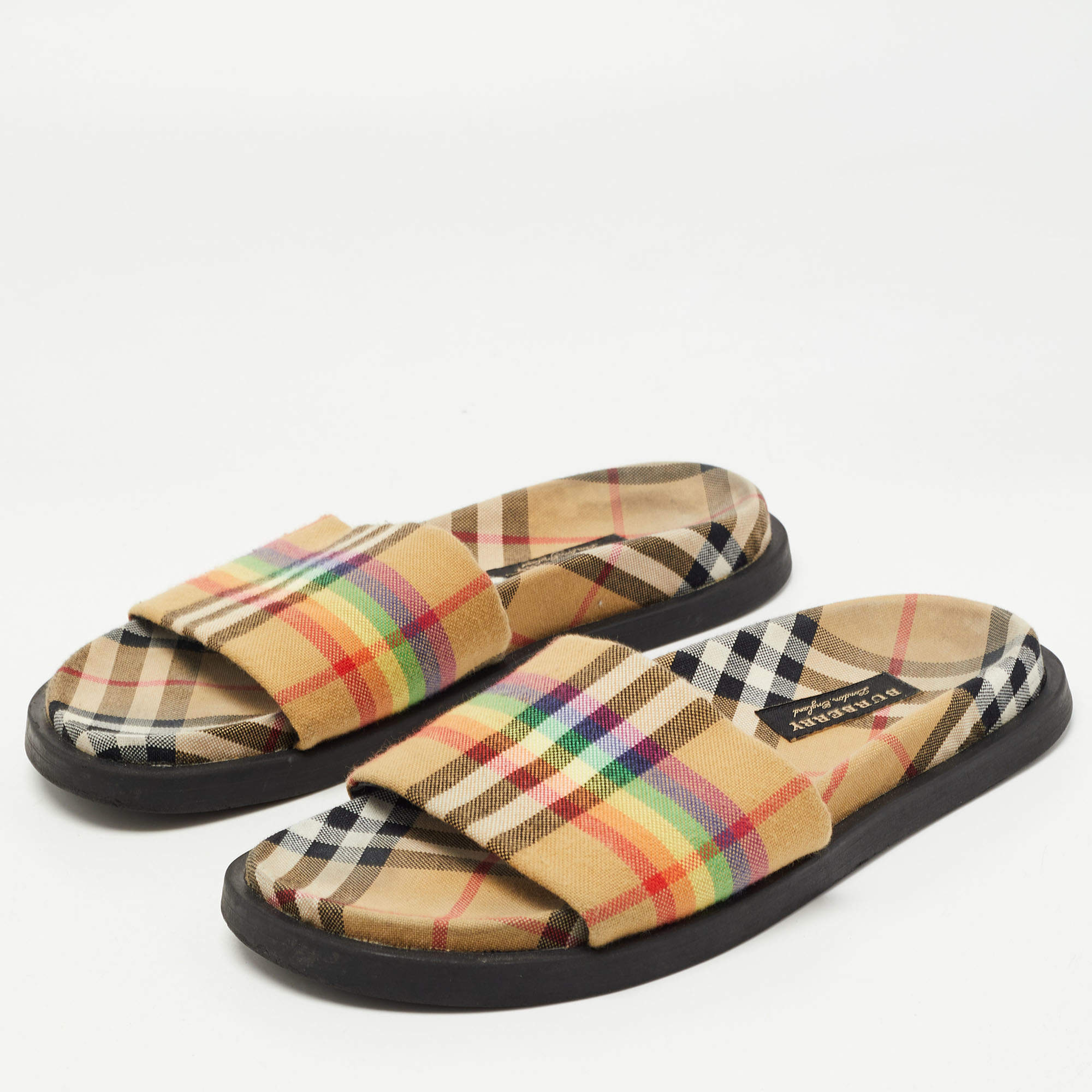 Burberry Beige Vintage Rainbow Check Canvas Ashmore Slides Size 38