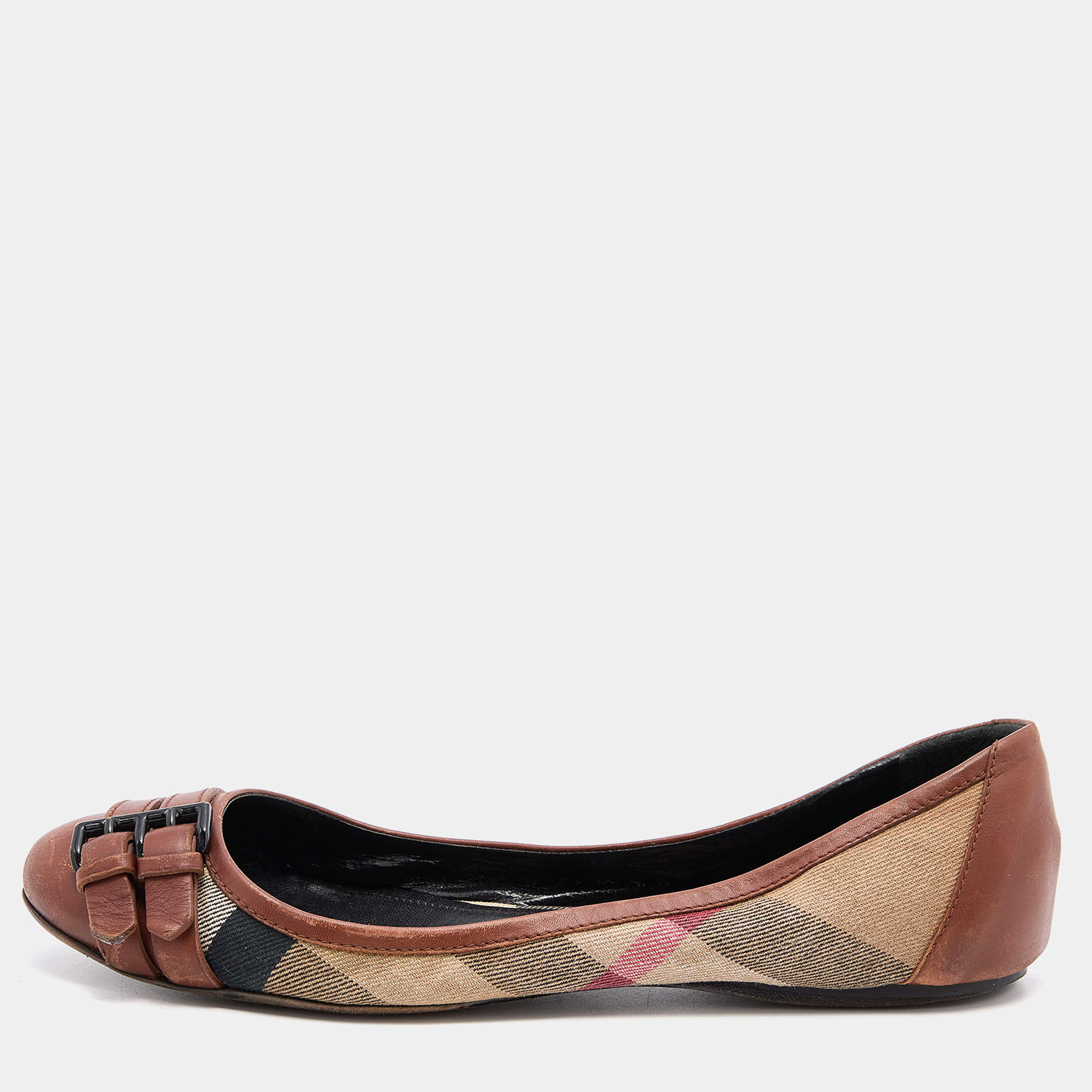 Pre Owned Burberry Beige/Tan Nova Check Canvas and Leather Buckle Ballet Flats Size 38