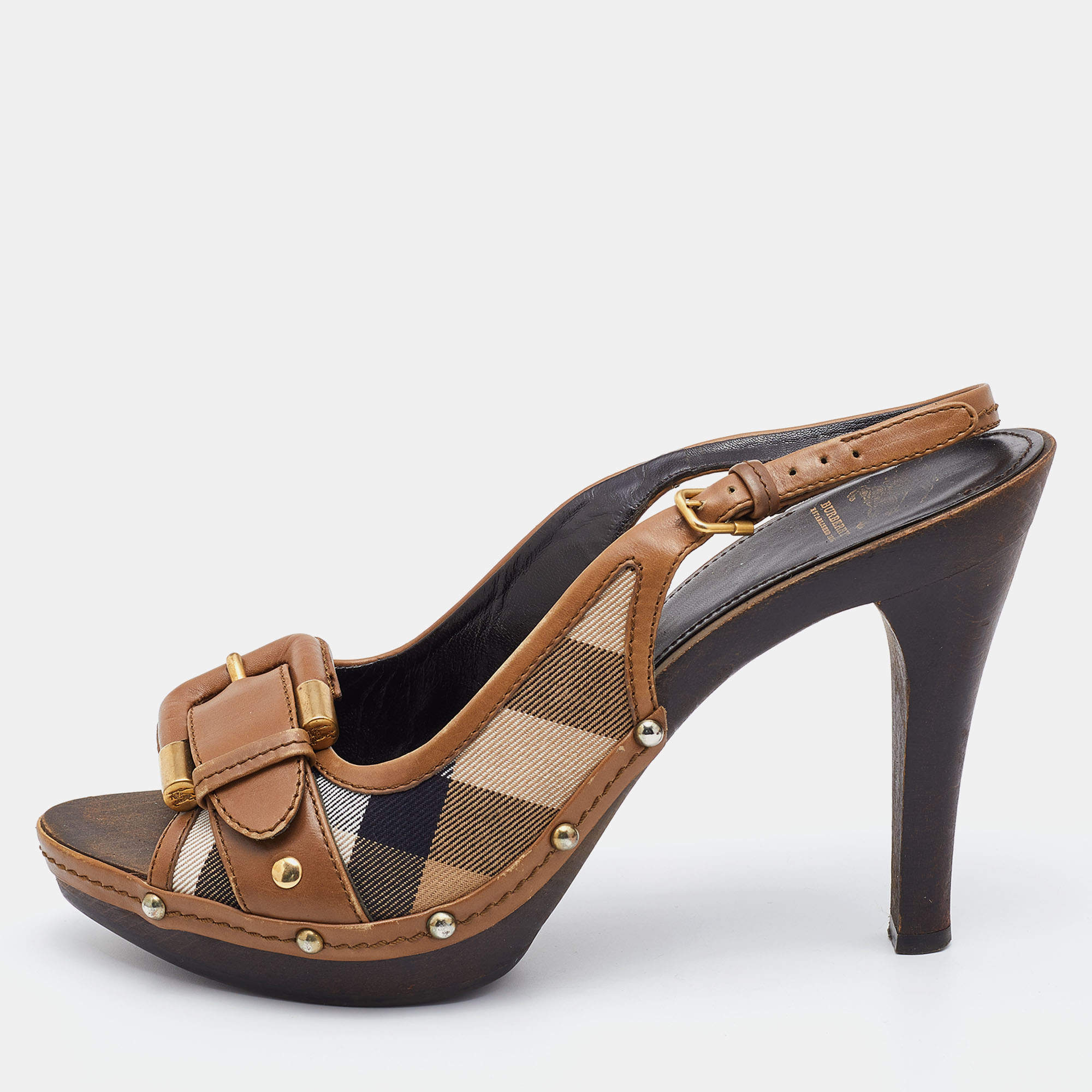 Pre Owned Burberry Brown Leather and Canvas Housecheck Buckle Studded Slingback Sandals Size 40