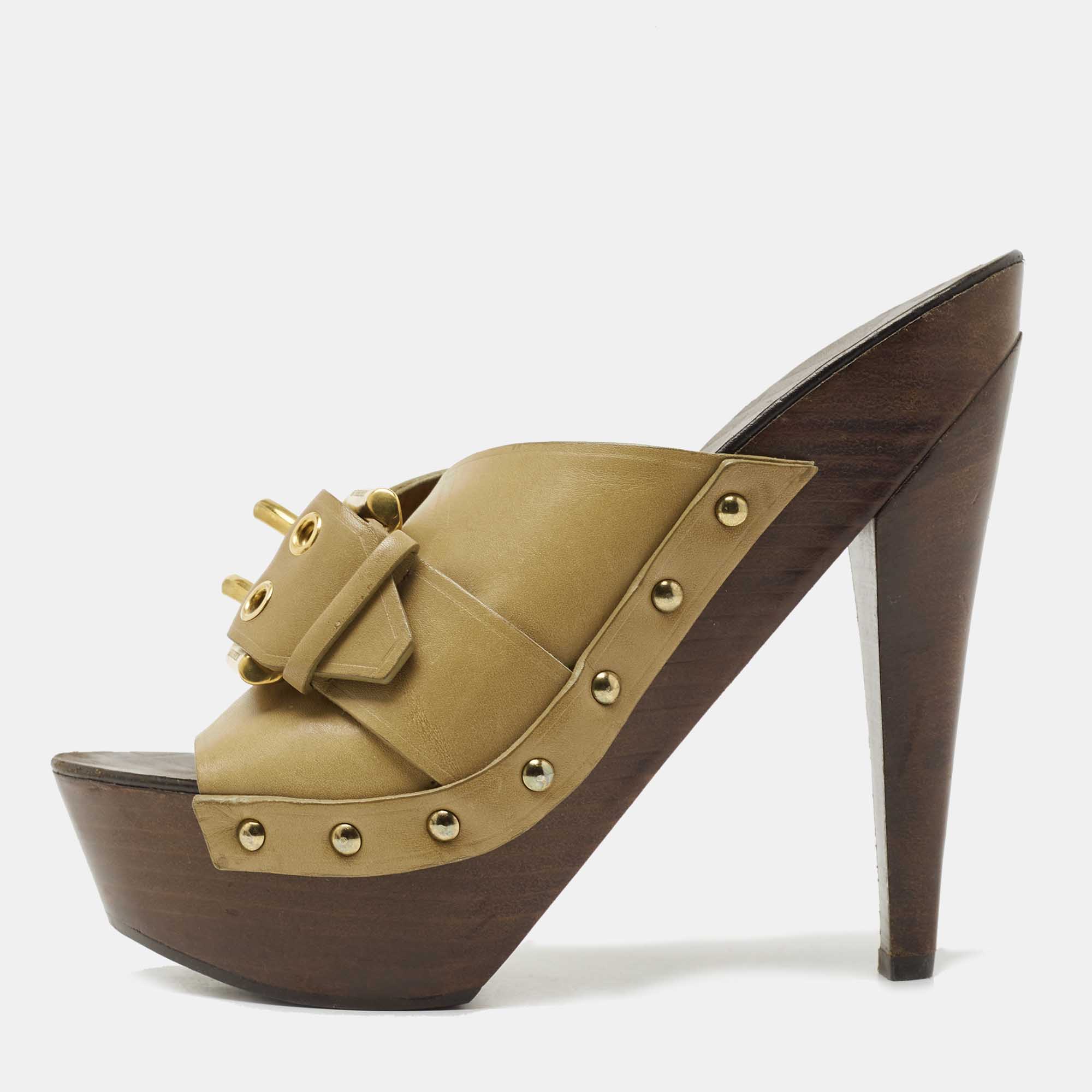 Burberry Olive Green Leather Buckle Platform Clogs Size 38