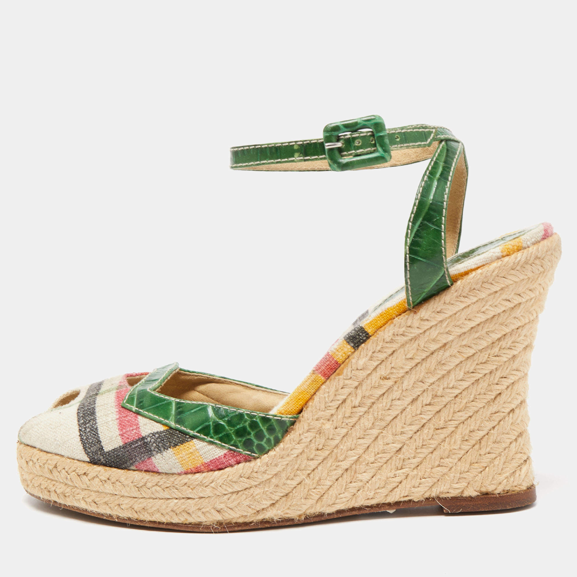 Burberry Multicolor Canvas and Croc Embossed Leather Wedge Sandals Size 40