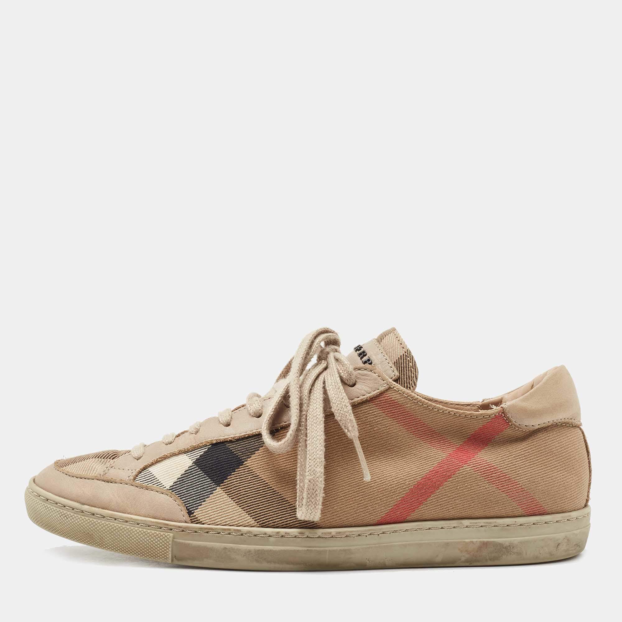 Pre Owned Burberry Beige Leather and House Check Canvas Low Top Sneakers Size 38