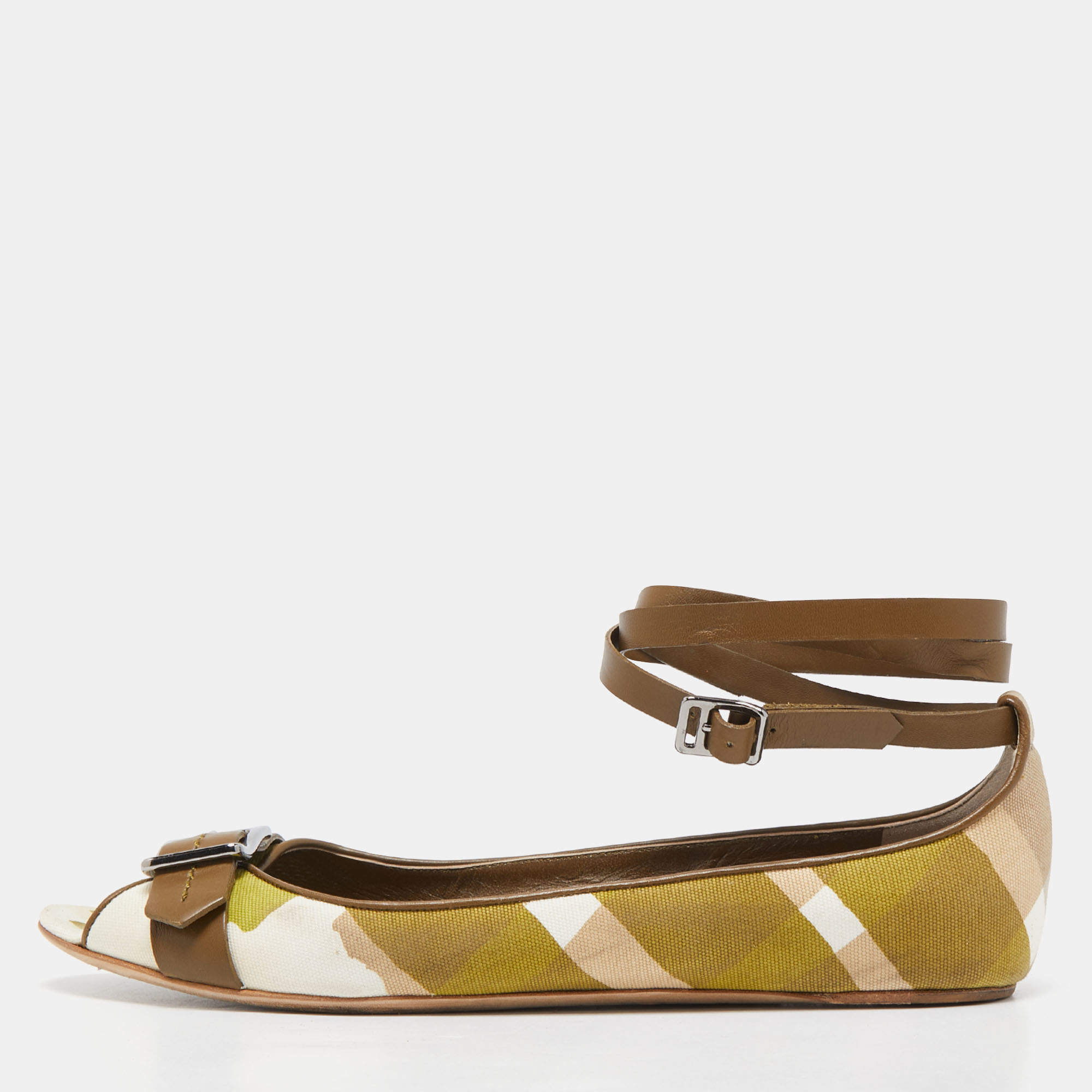 Burberry Green/Beige Check Canvas and Leather Open Toe Ankle Wrap Flats Size 39