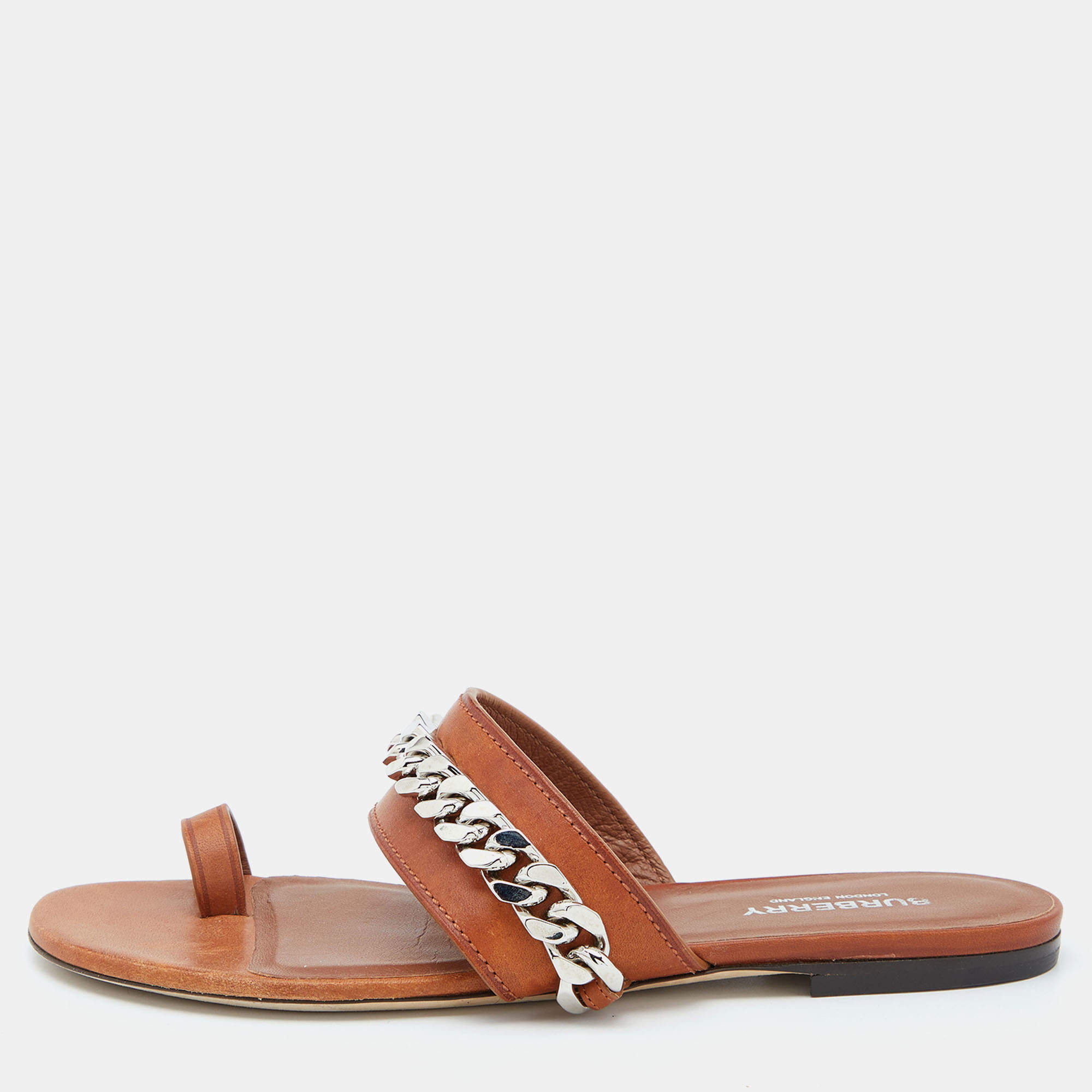 Burberry Brown Leather Heidi Toe Ring Flats Slides Size 37
