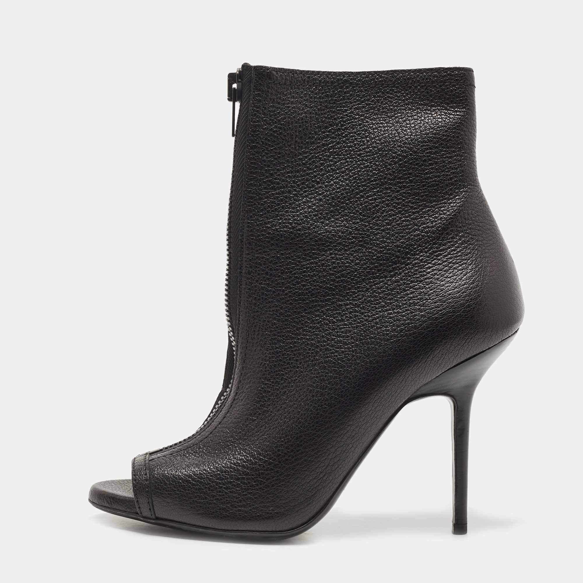 Pre Owned Burberry Black Leather Front Zipper Detail Peep Toe Ankle Booties Size 39