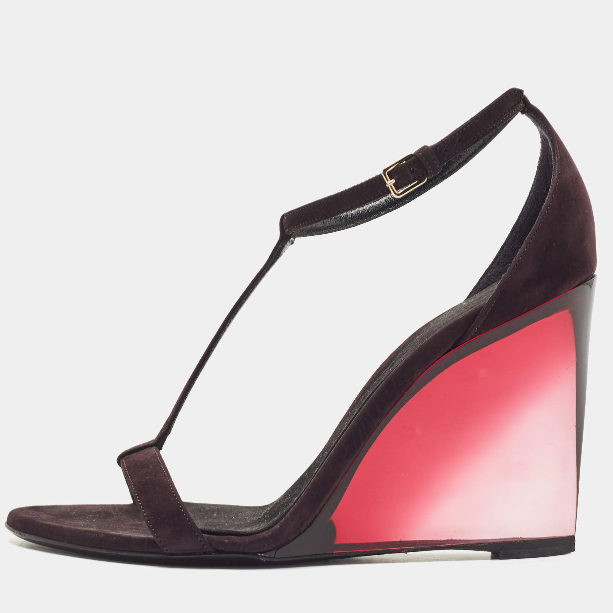 مملوكة مسبقًا Burberry Plum Suede T Strap Wedge Sandals Size  37