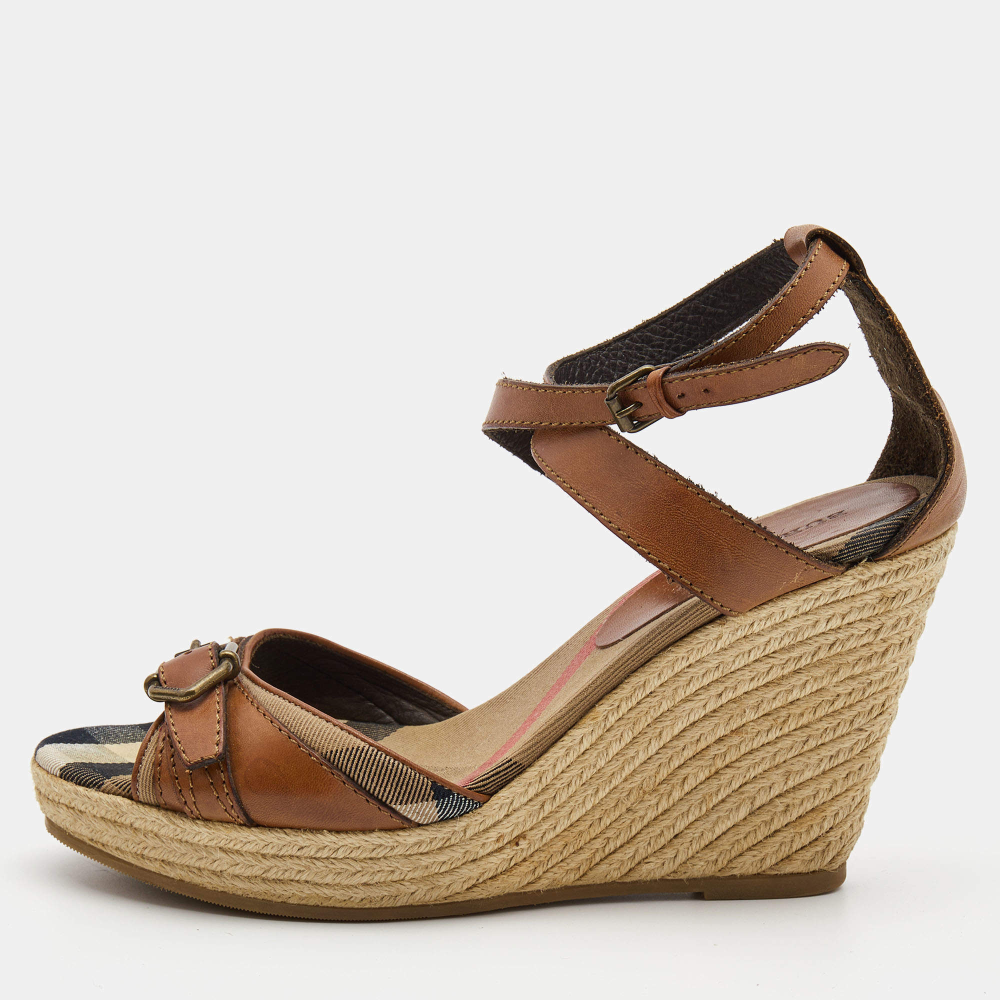 Burberry Brown Leather and Nova Check Canvas Buckle Detail Espadrille Wedge Sandals Size 40