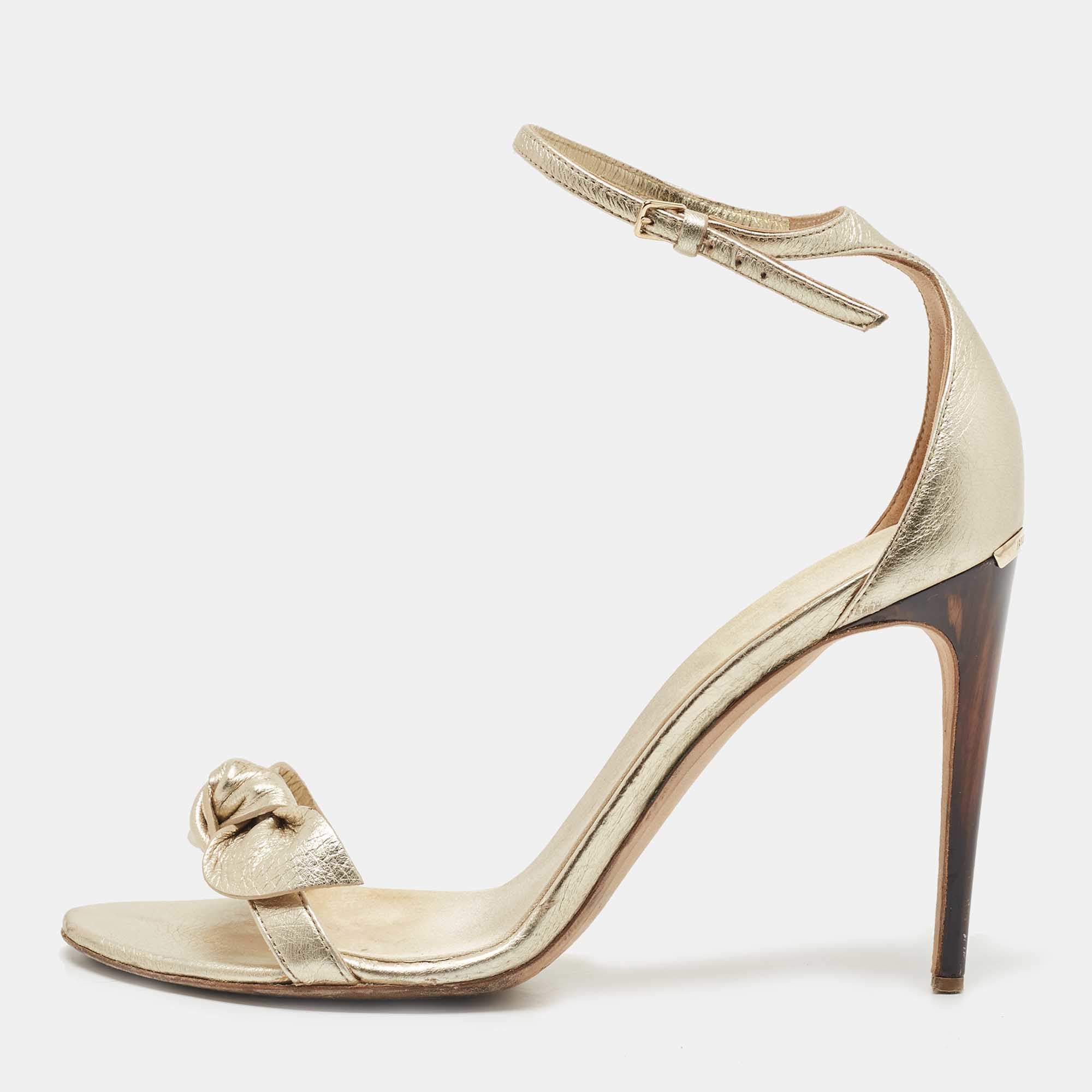 مملوكة مسبقًا Burberry  Metallic Gold Leather Bow Ankle Strap Sandals Size 38.5