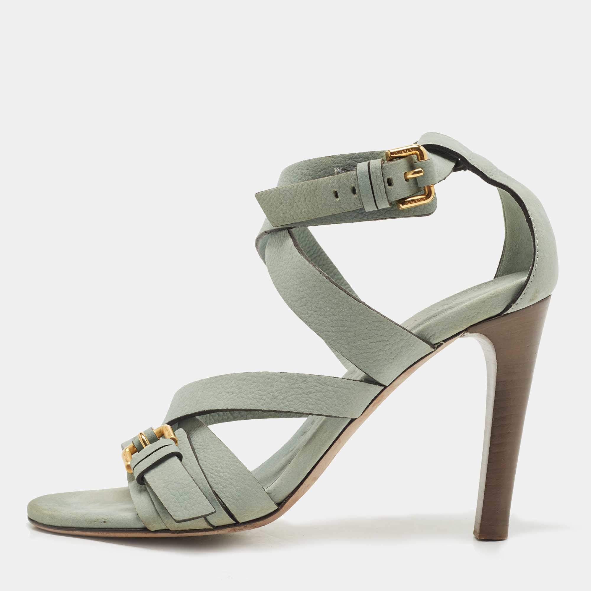 Pre Owned Burberry Blue Nubuck Leather Strappy Sandals Size 37 