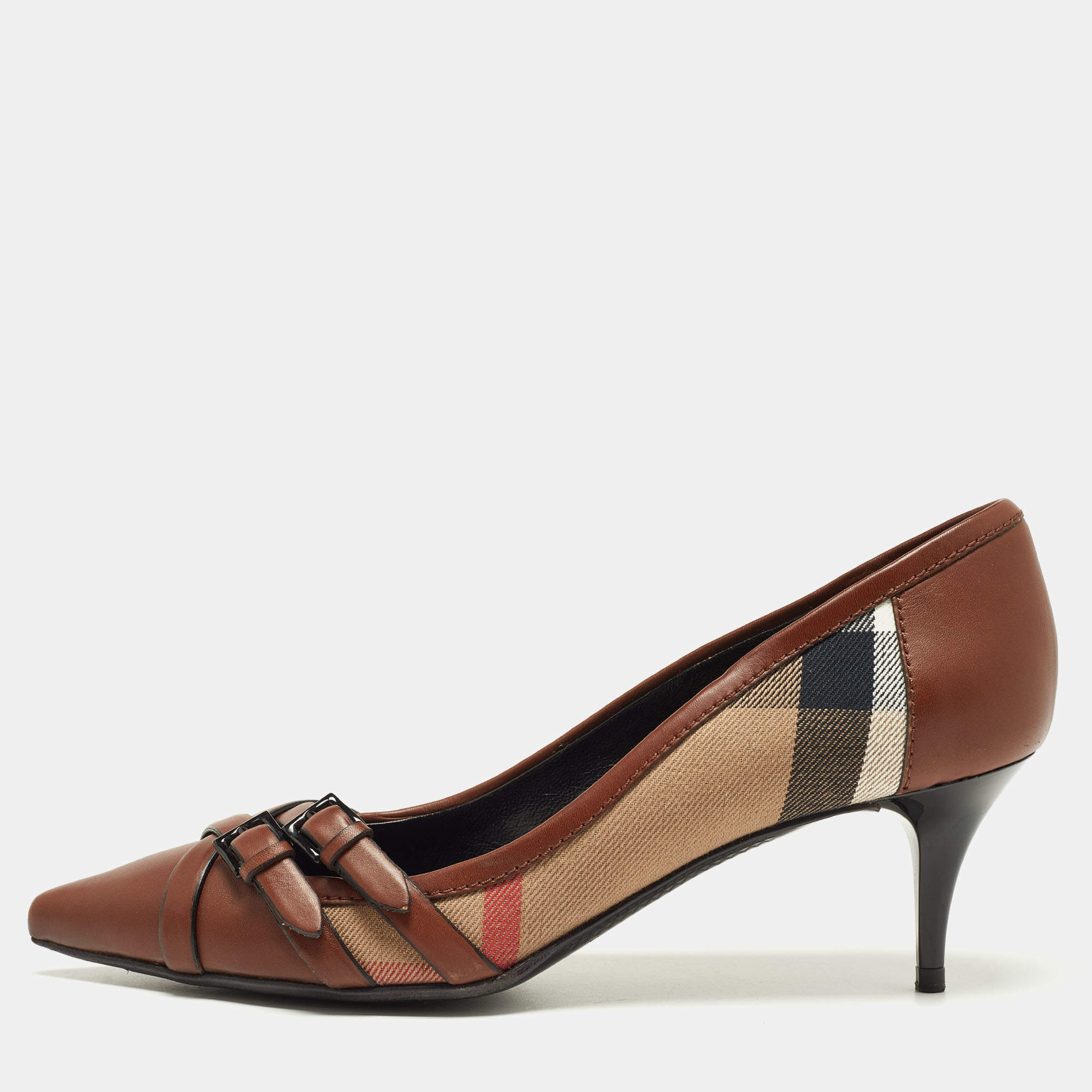 Pre Owned Burberry Brown/Beige House Check Canvas and Leather Pointed Toe Buckle Pumps Size 38