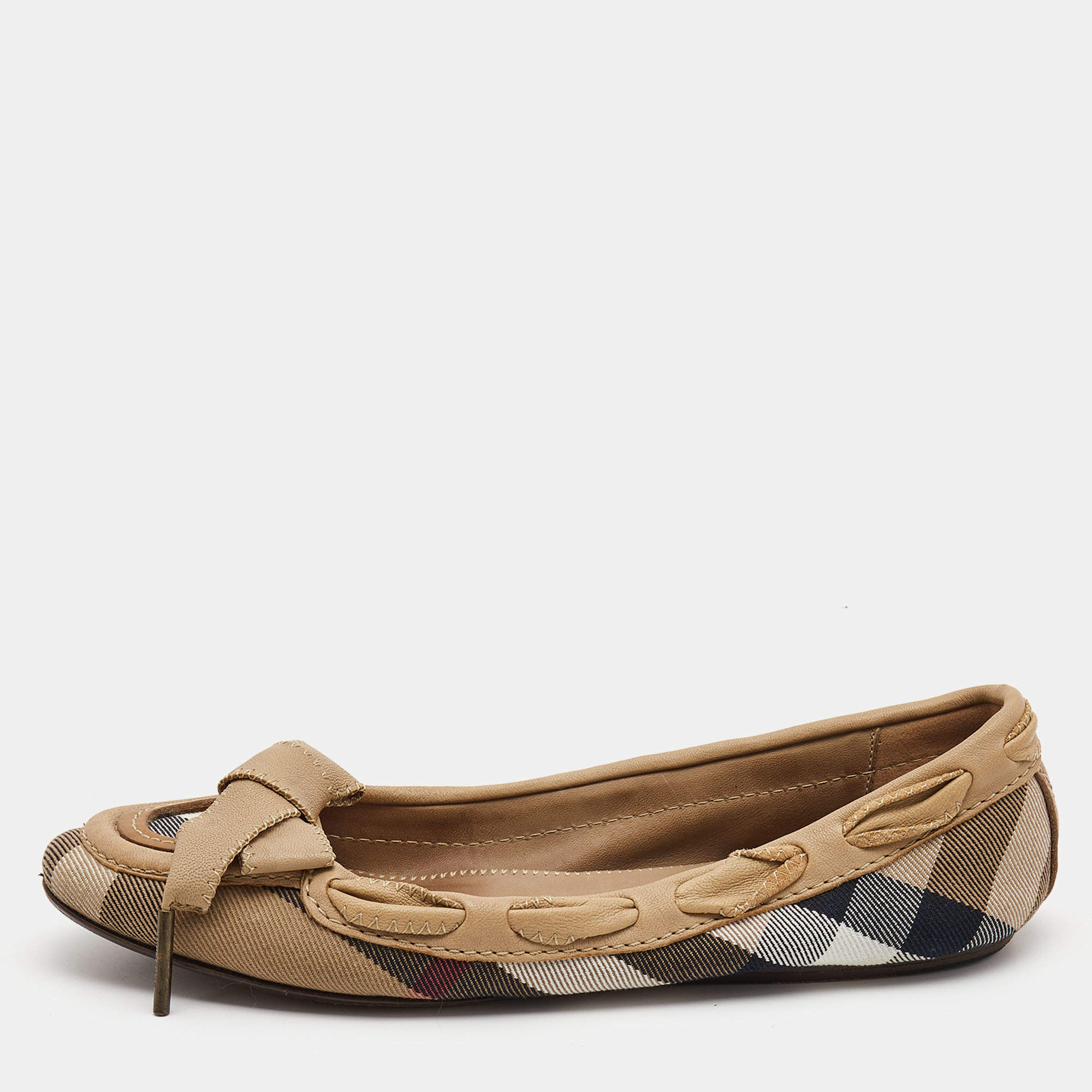 Pre Owned Burberry Tricolor Nova Check Canvas and Leather Bow Ballet Flats Size 37