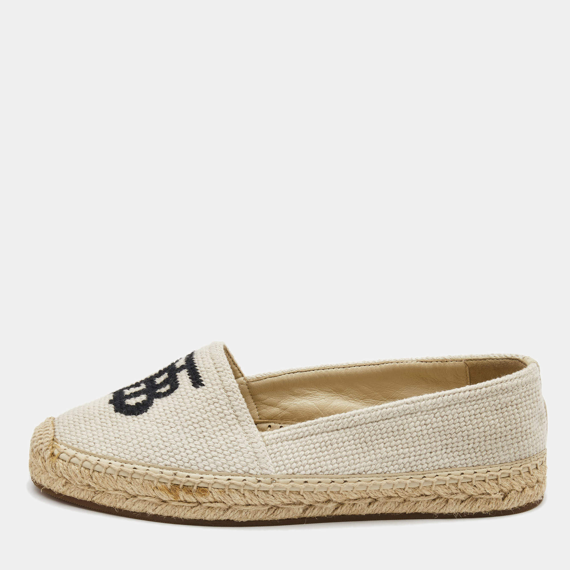 Pre Owned Burberry Off-White Cream Woven Fabric Tabitha Espadrille Flats Size 36.5