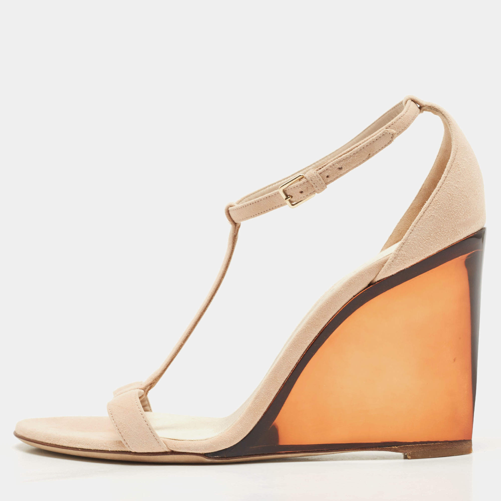 مملوكة مسبقًا Burberry Blush Pink Suede Leyburn Lucite Wedge Sandals Size 38