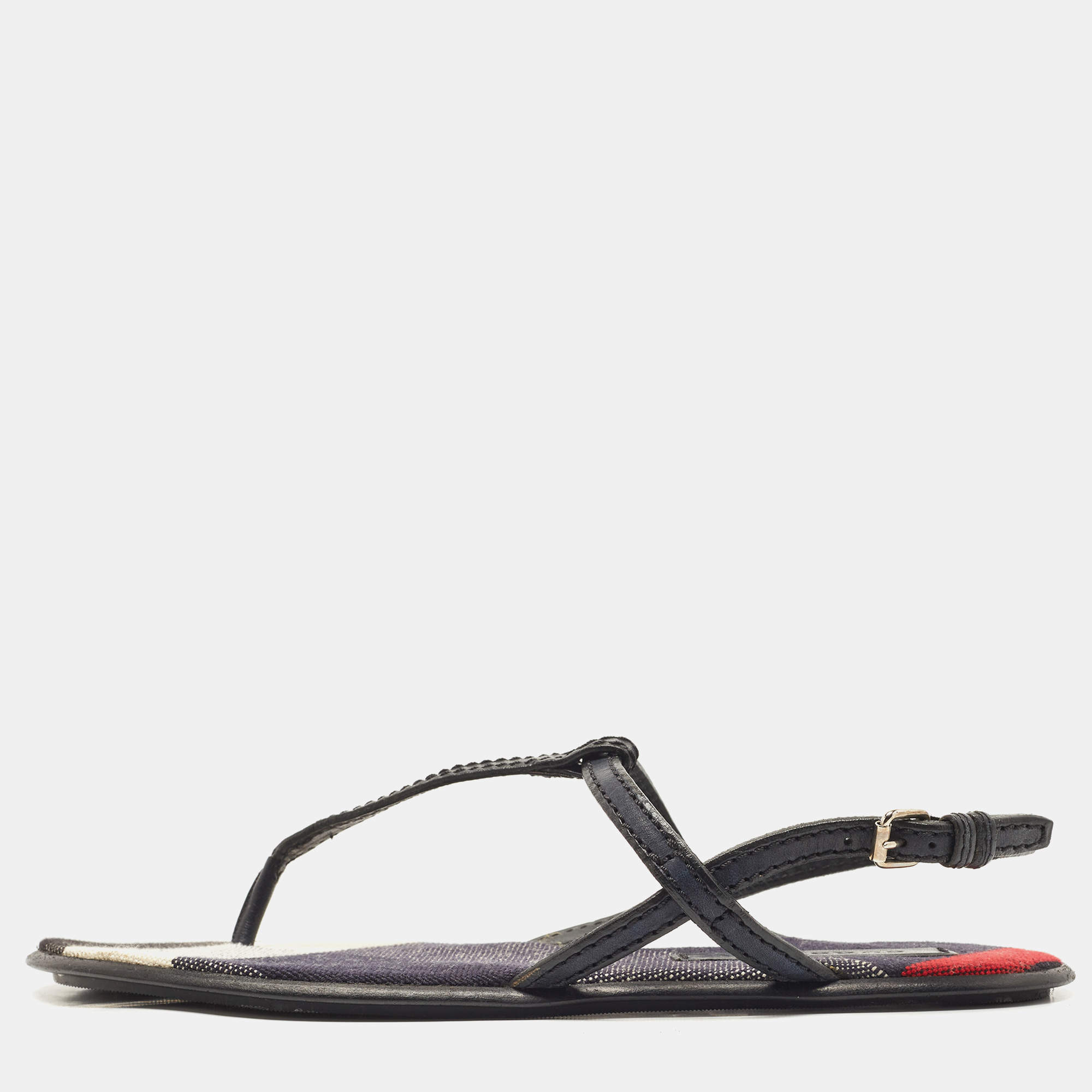 مملوكة مسبقًا Burberry Blue/Black Leather and Check Canvas Thong Ankle Strap Flat Sandals Size 41