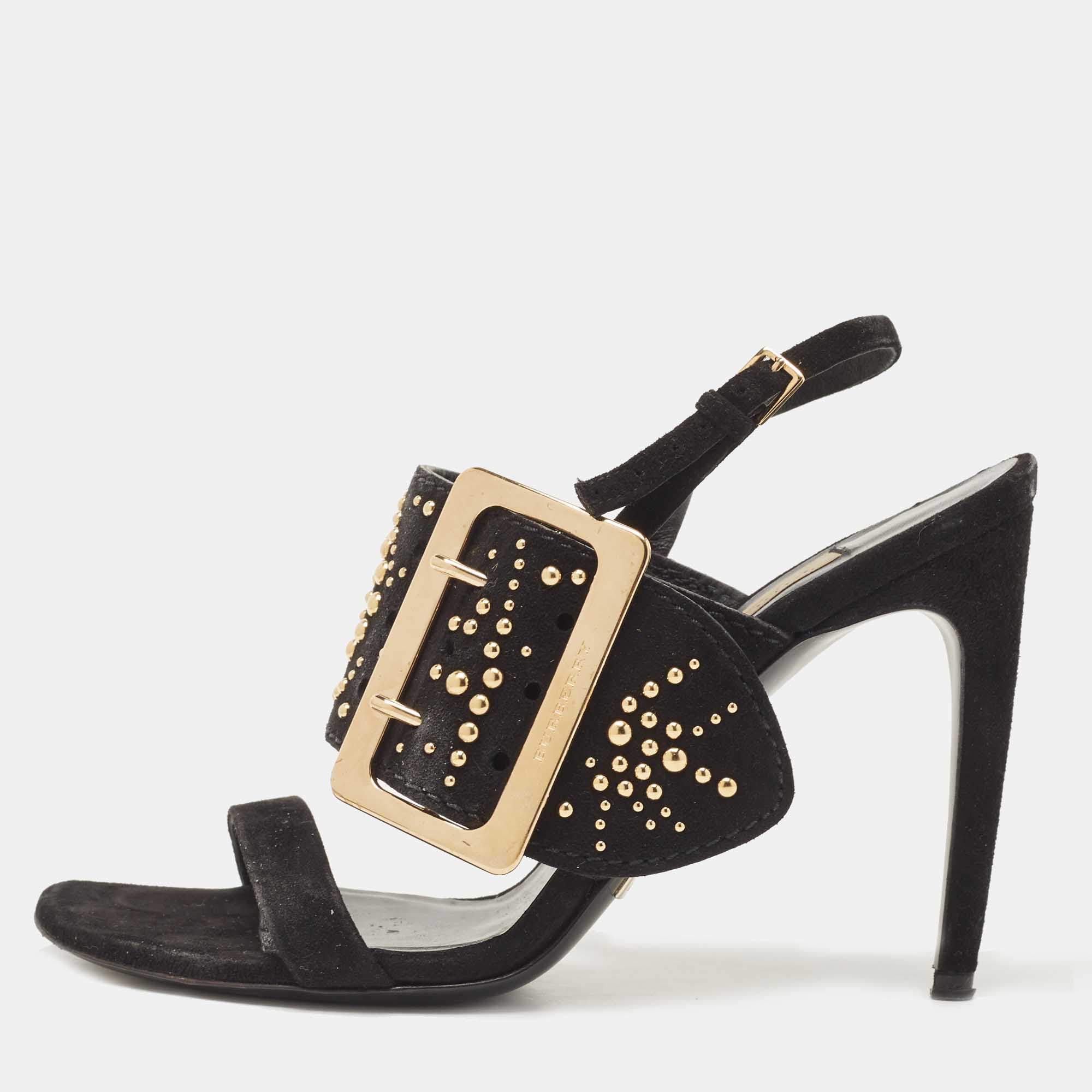 Burberry Black Suede Stud Embellished Padstow Sandals Size 37
