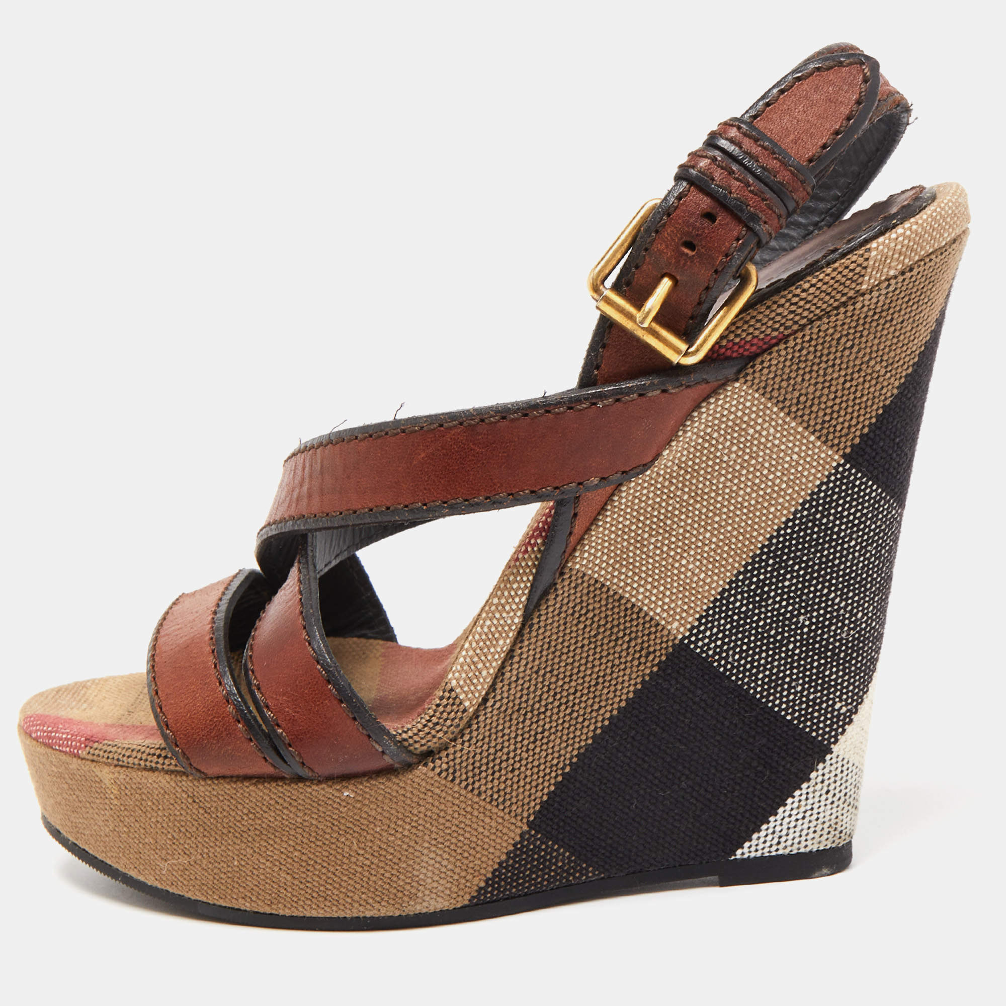 Burberry Brown Canvas and Leather Wedge Sandals Size 38