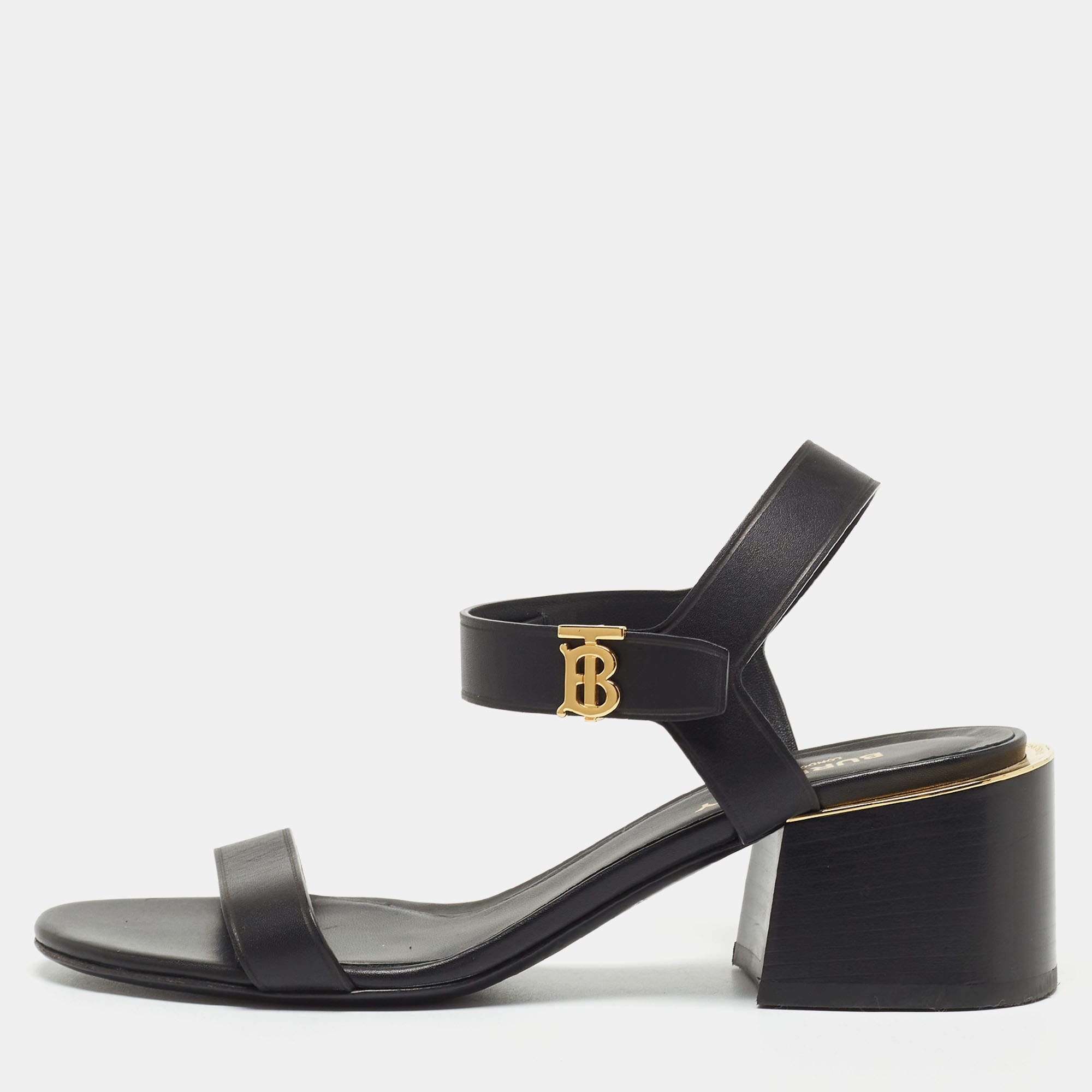 Pre Owned Burberry Black Leather TB Buckle Ankle Strap Block Heel Sandals Size 38