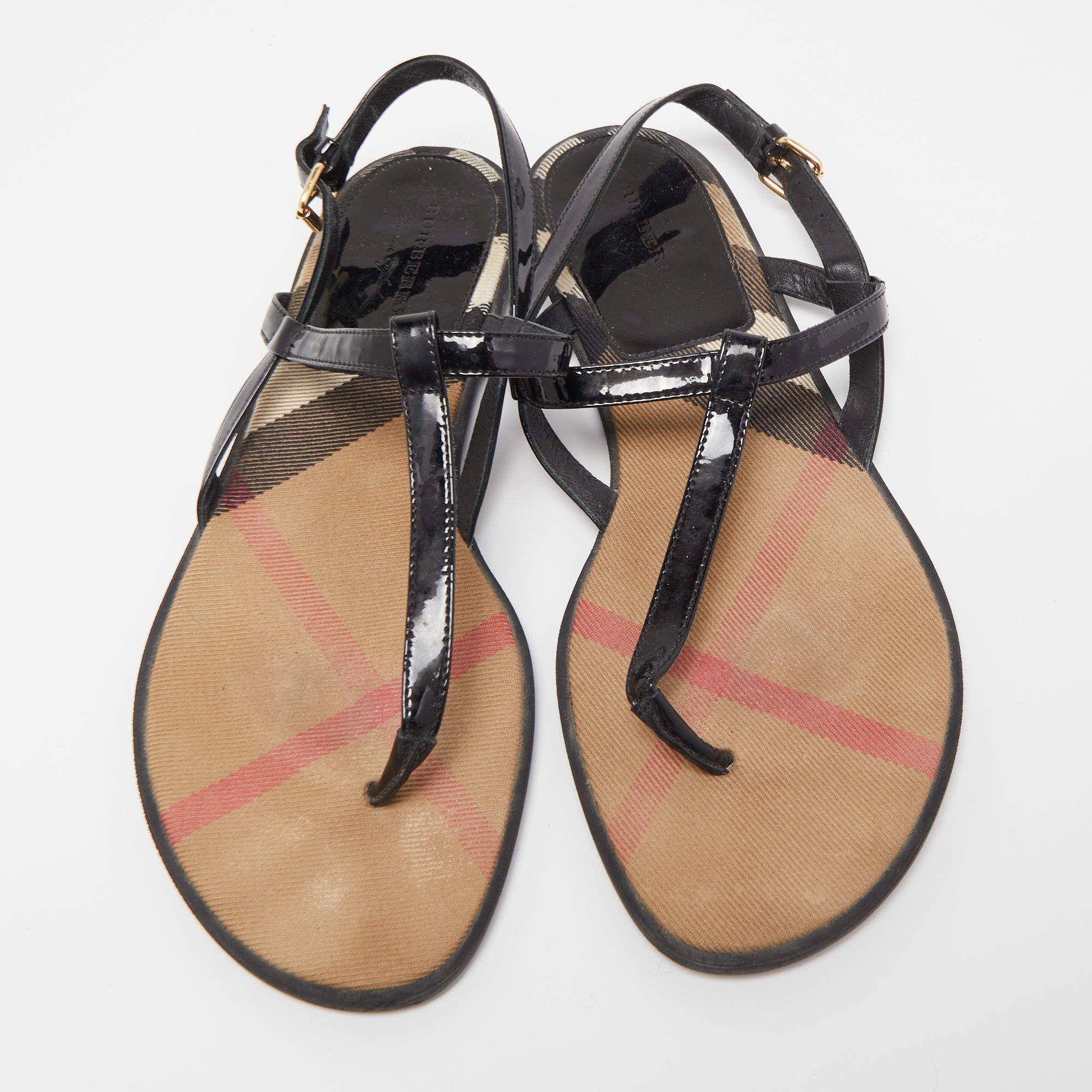 Burberry Black Leather and Canvas Masie Belted Check Thong Sandals Size 37  Burberry | TLC