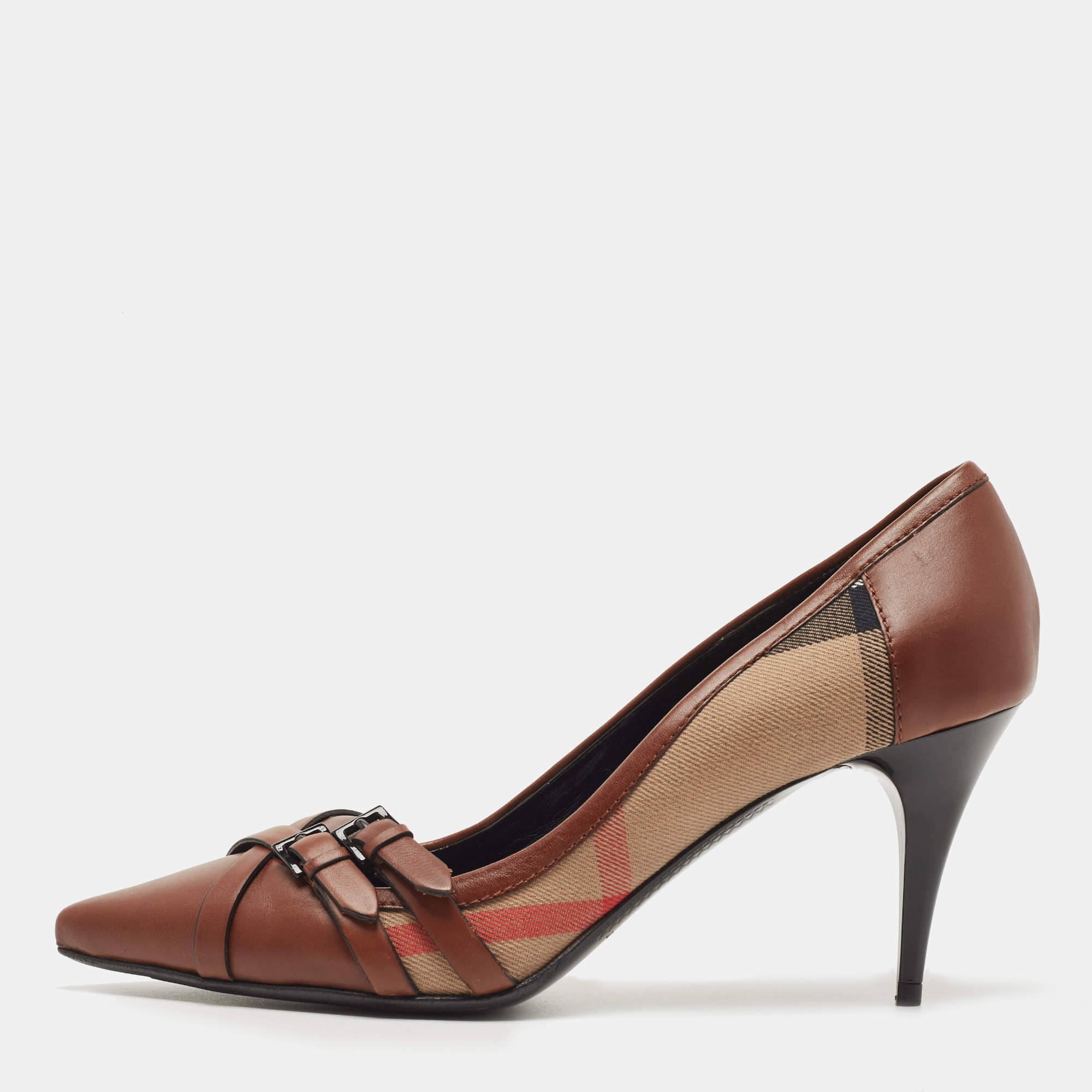 Pre Owned Burberry Brown Leather and Nova Check Canvas Pointed Toe Pumps Size 41