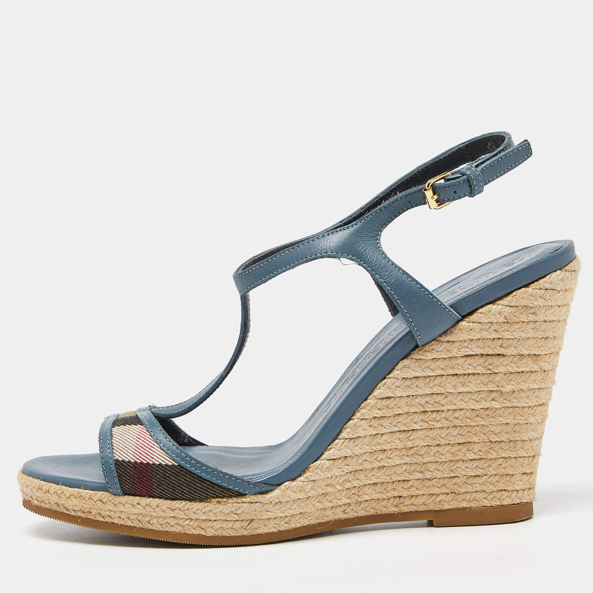 Burberry Blue/Brown Leather and House Check Canvas Espadrille Wedge Ankle Strap Sandals Size 38