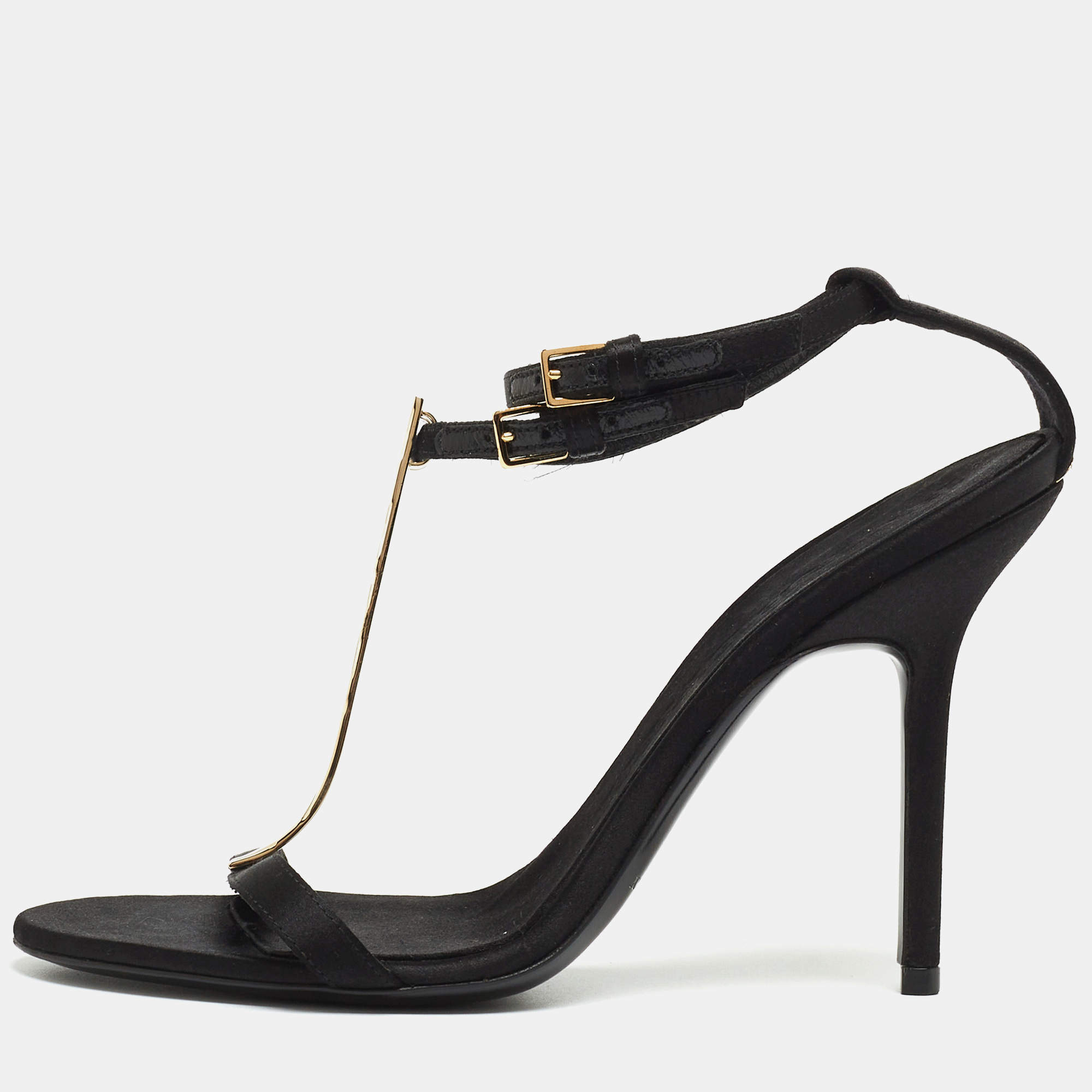 Burberry Black Satin T Strap Ankle Strap Sandals Size 37.5