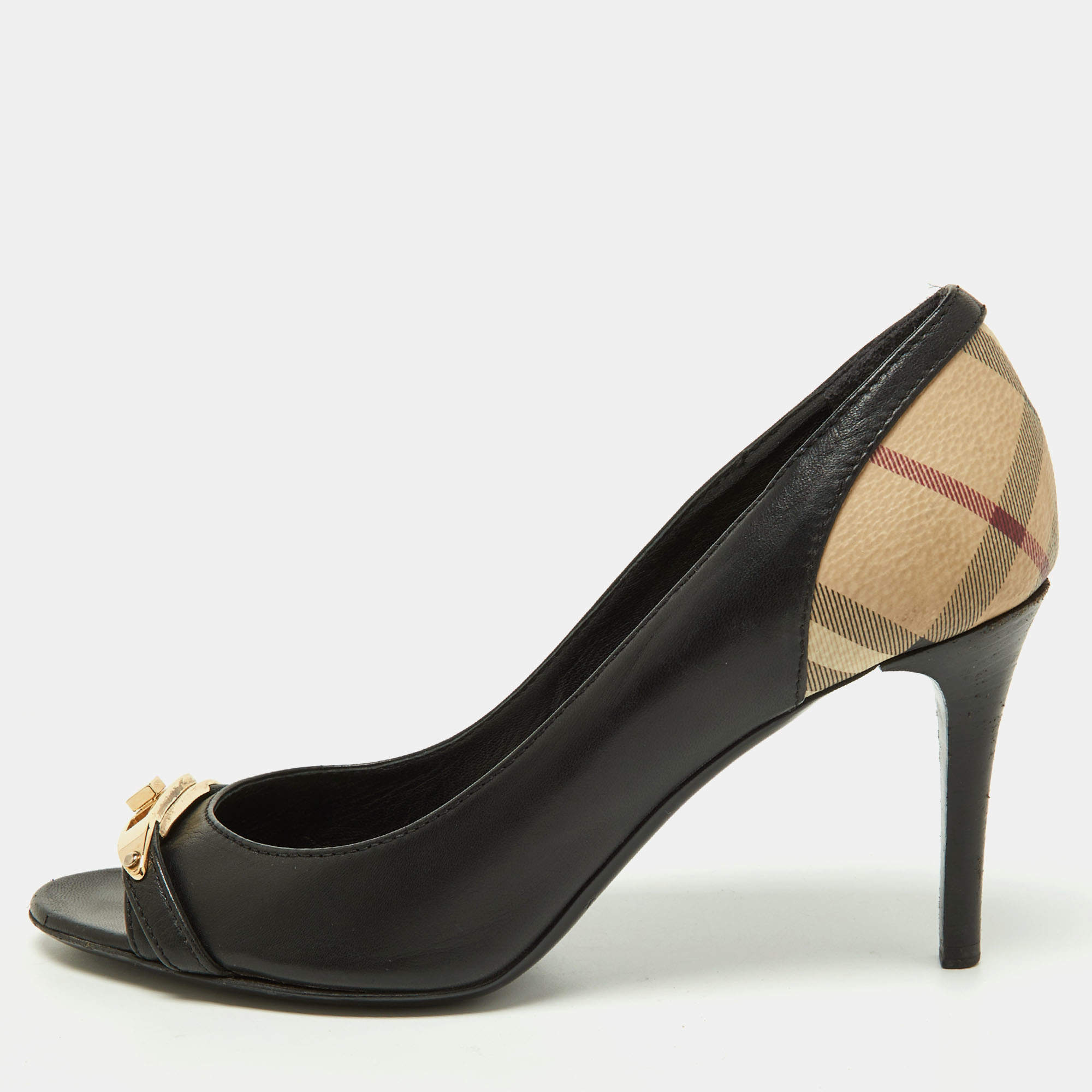 Burberry Black/Beige Leather and Check Coated Canvas Embellished Open Toe Pumps Size 37