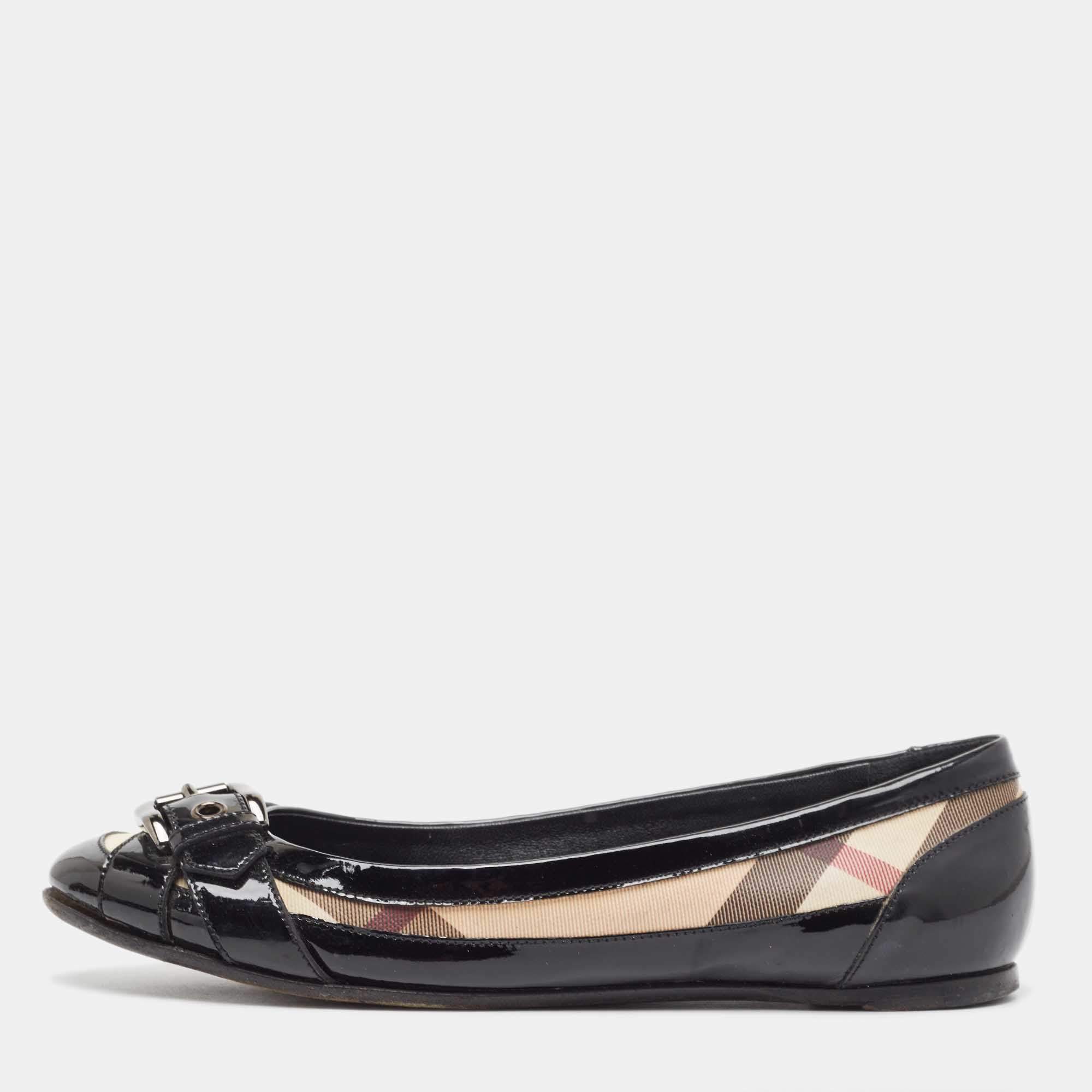 Pre Owned Burberry Black/Beige Nova Check PVC and Patent Leather Buckle Ballet Flats Size 38