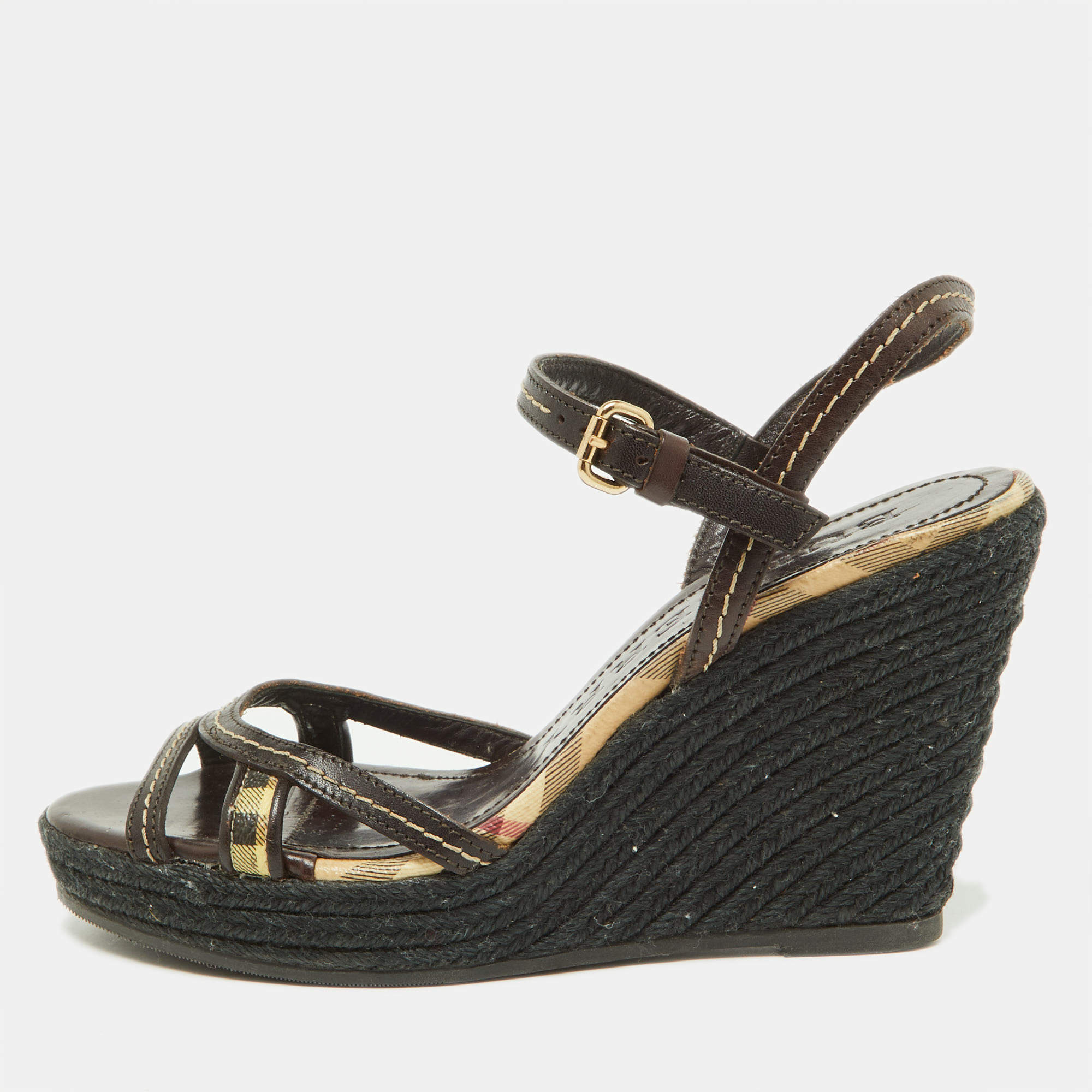 Burberry Dark Brown/Beige Check PVC and Leather Espadrille Wedge Sandals Size 38