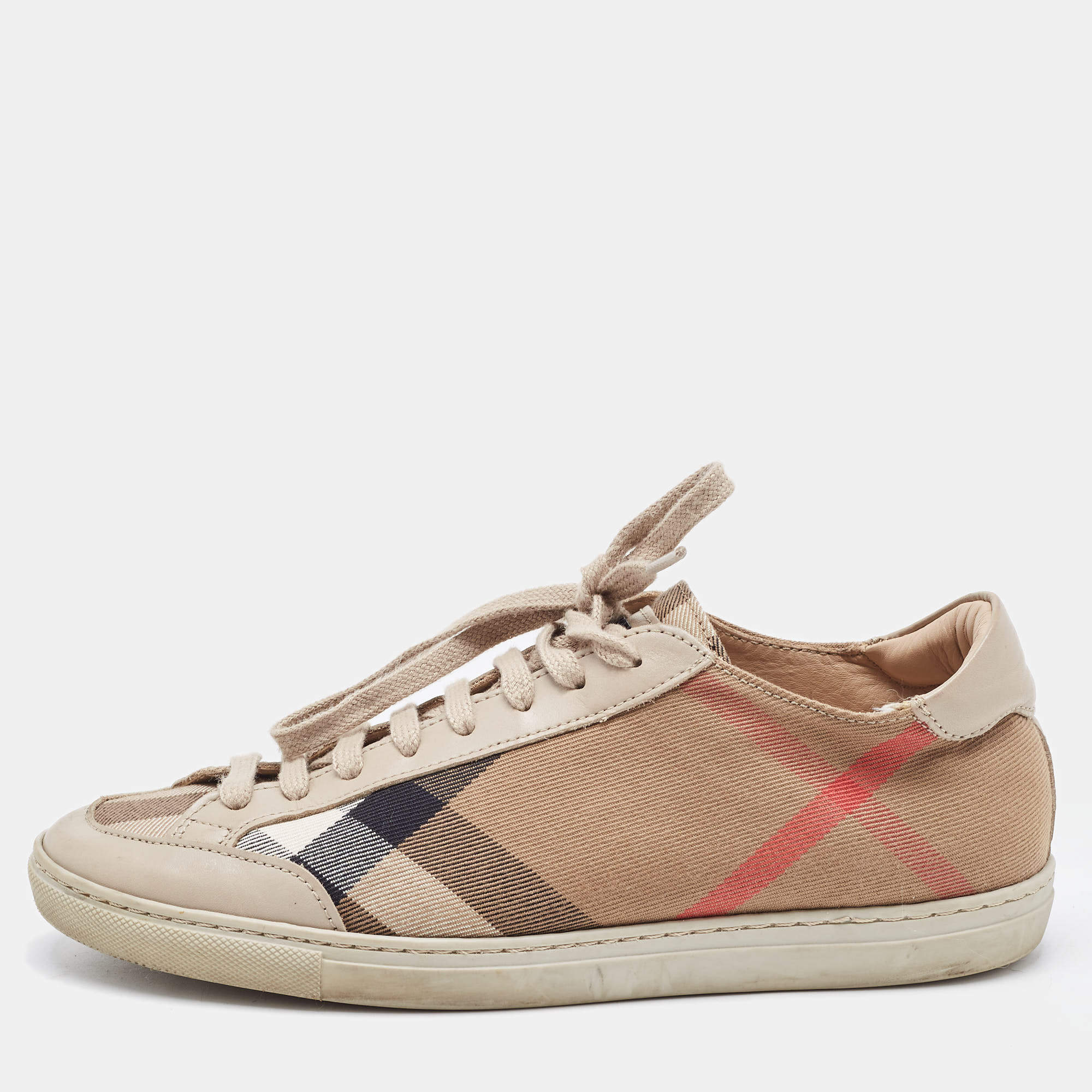 Pre Owned Burberry Beige/Brown Nova Check Canvas and Leather Low Top Sneakers Size 37