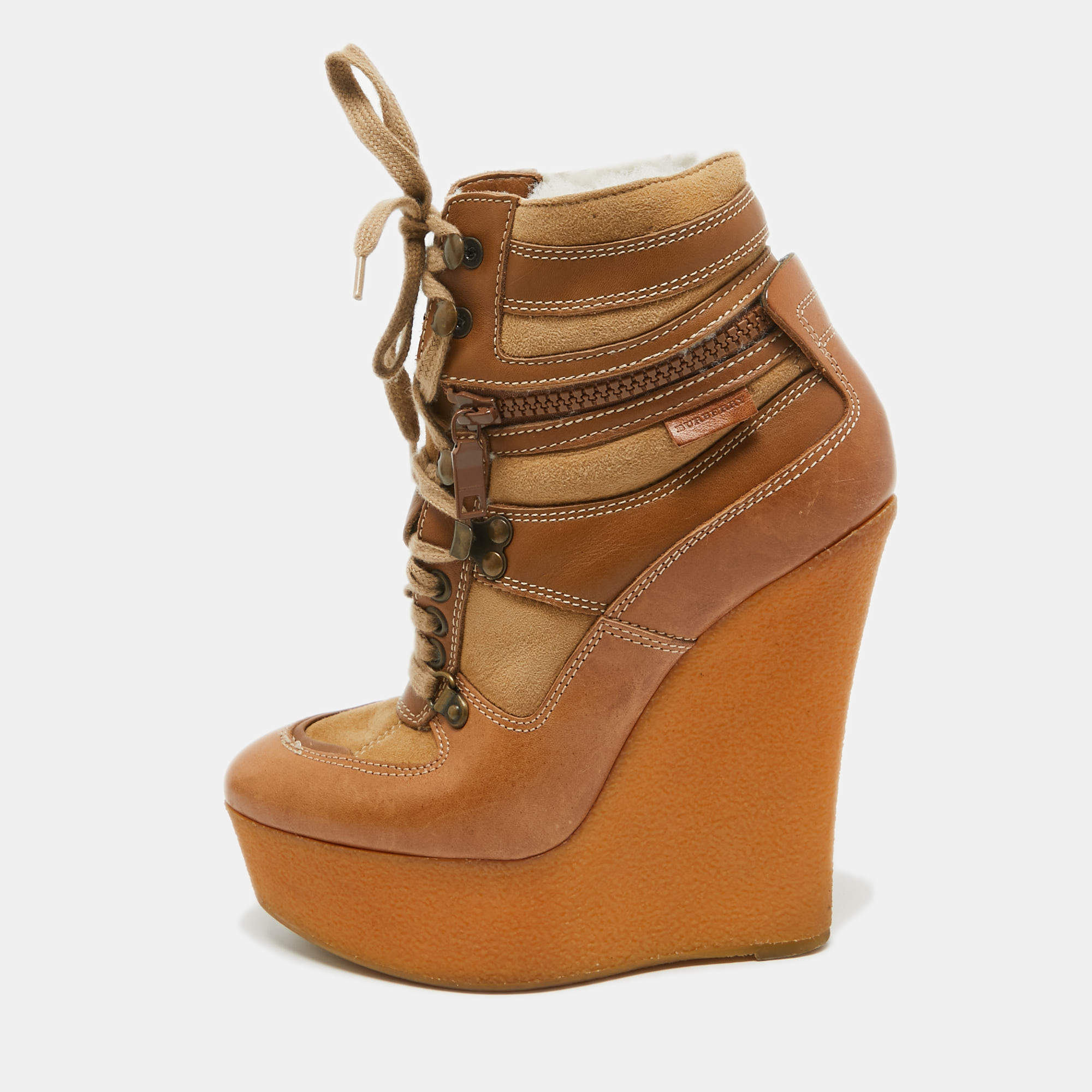 Burberry Brown Leather and Suede Rubber Ankle Boots Size 35