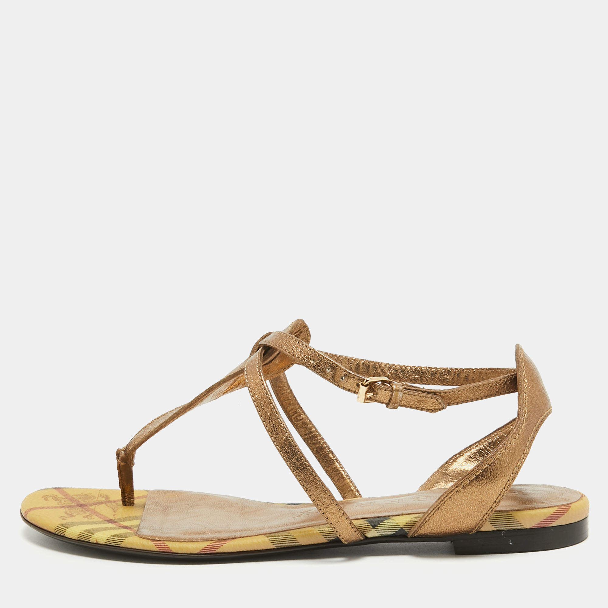 Burberry Metallic Gold Leather Thong Ankle Strap Flat Sandals Size 39