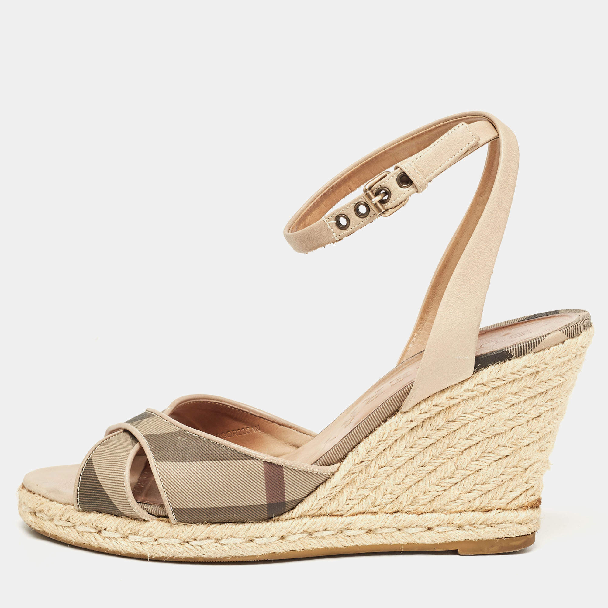 Burberry Beige/Brown Coated Canvas and Leather Ankle Strap Espadrille Wedge Sandals Size 38.5