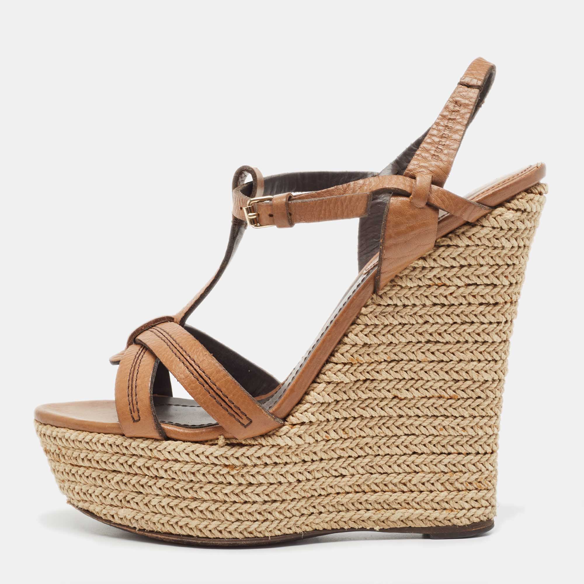 Burberry Brown Leather Wedge Sandals Size 39.5