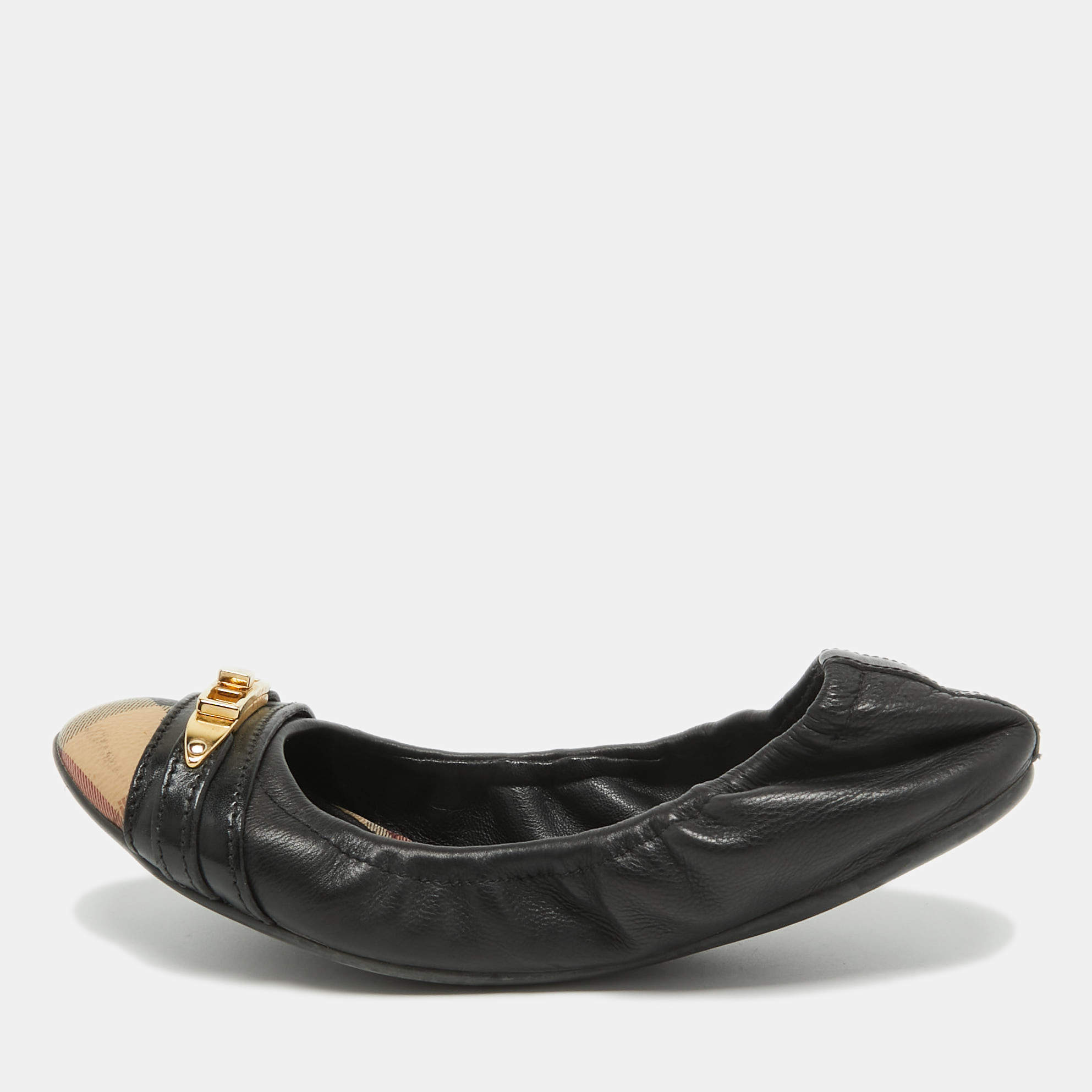 Burberry Black /Beige House Check Canvas and Leather Ballet Flats Size 35