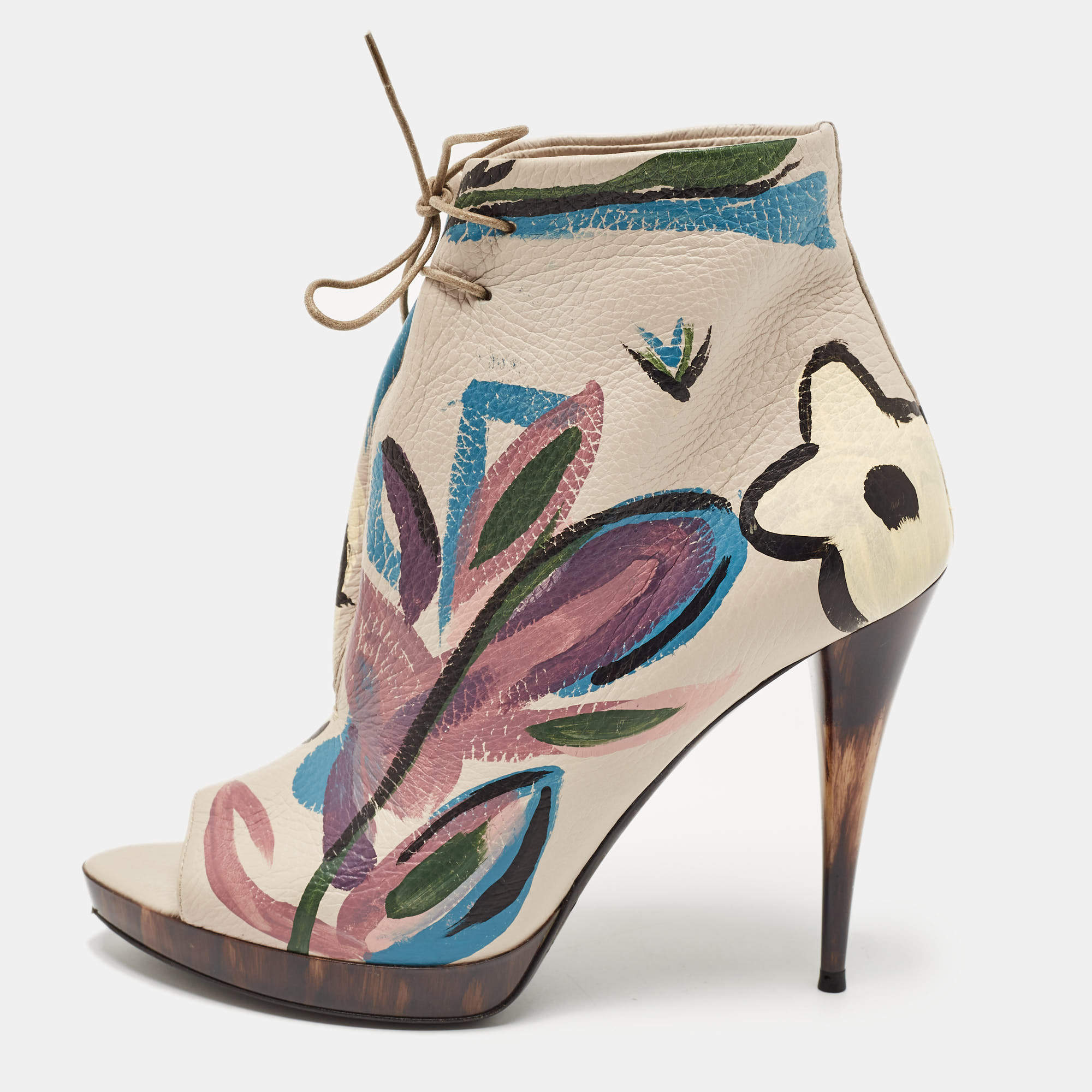 Pre Owned Burberry Grey Leather Flower Prints Ankle Boots Size 37