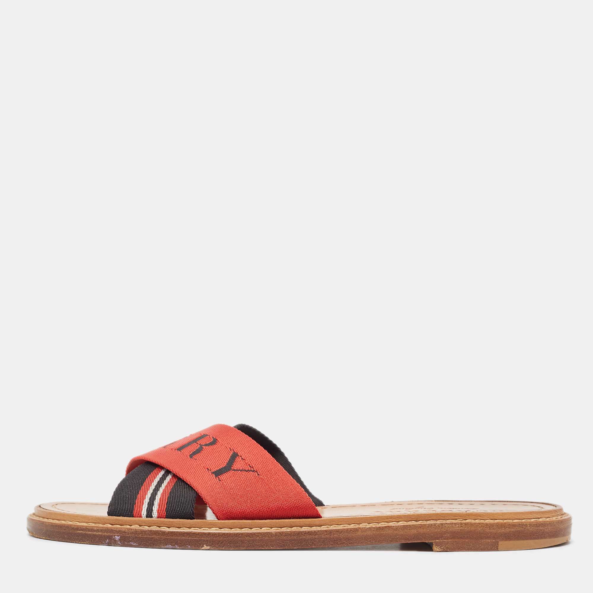 Burberry Red/Black Canvas Foley Logo Stripe Crisscross Slide Flats Size 37.5