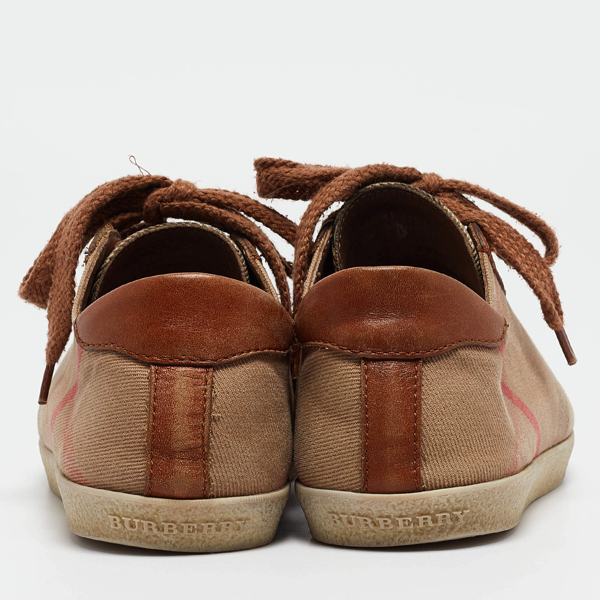 Pre Owned Burberry Brown Nova Check Leather and Canvas Sneakers Size 37