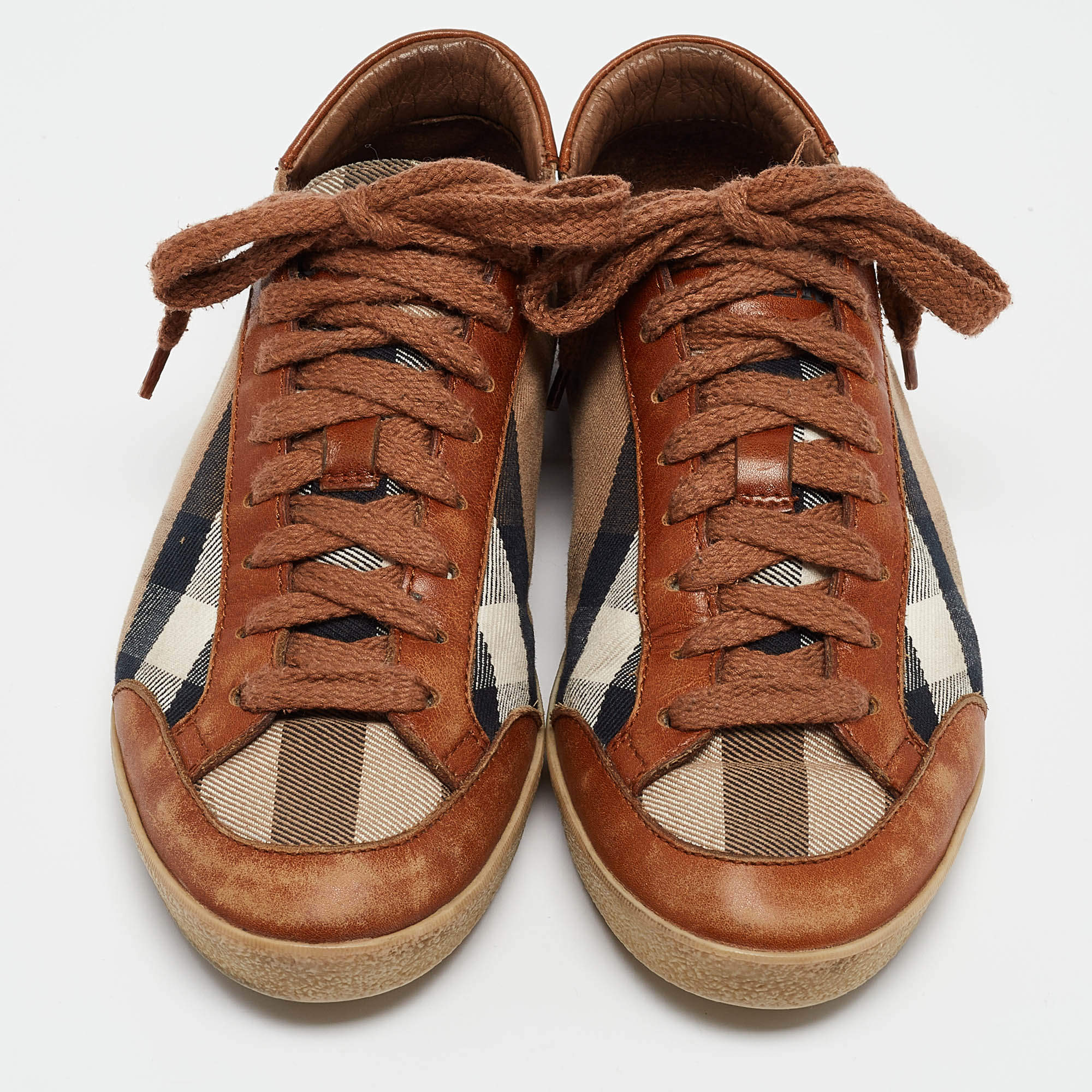Pre Owned Burberry Brown Nova Check Leather and Canvas Sneakers Size 37