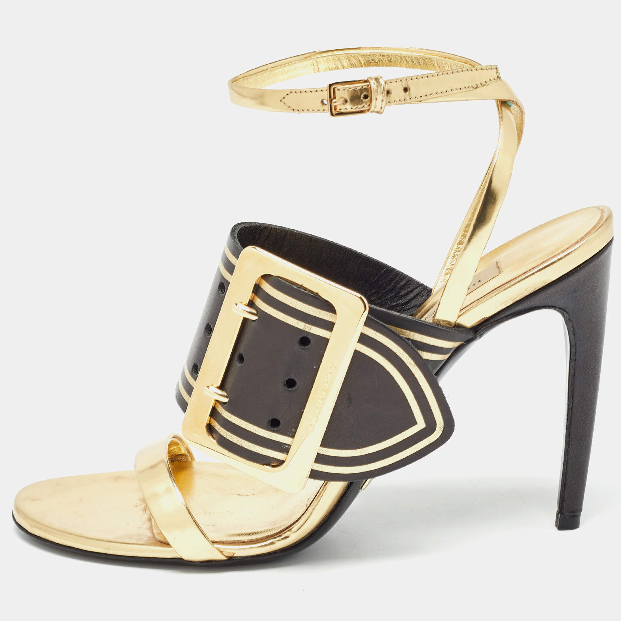Pre Owned Burberry Black/Gold Leather Buckle Detail Ankle Strap Sandals Size 39