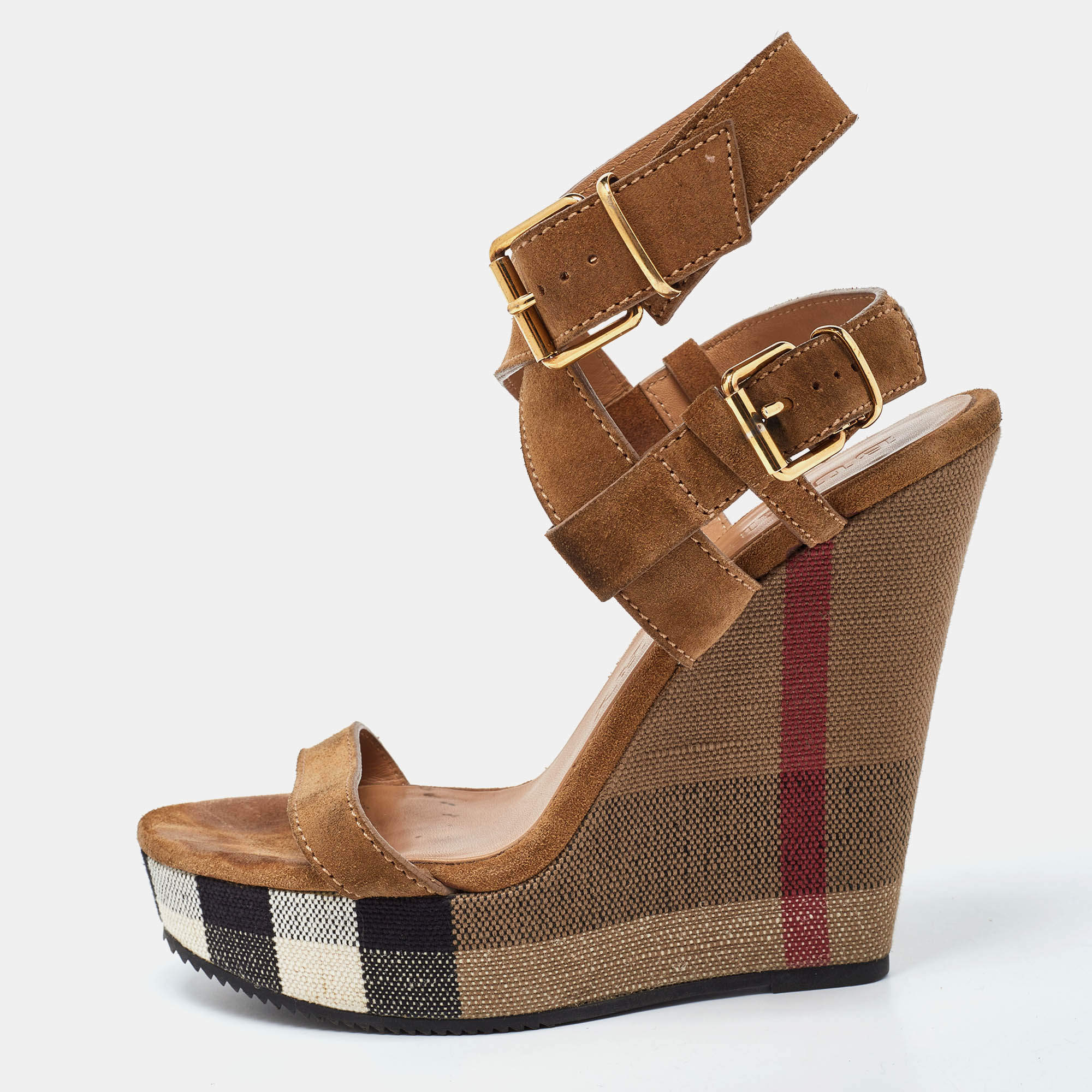 Burberry Brown Nova Check Canvas and Suede Warlow Platform Wedge Sandals Size 38