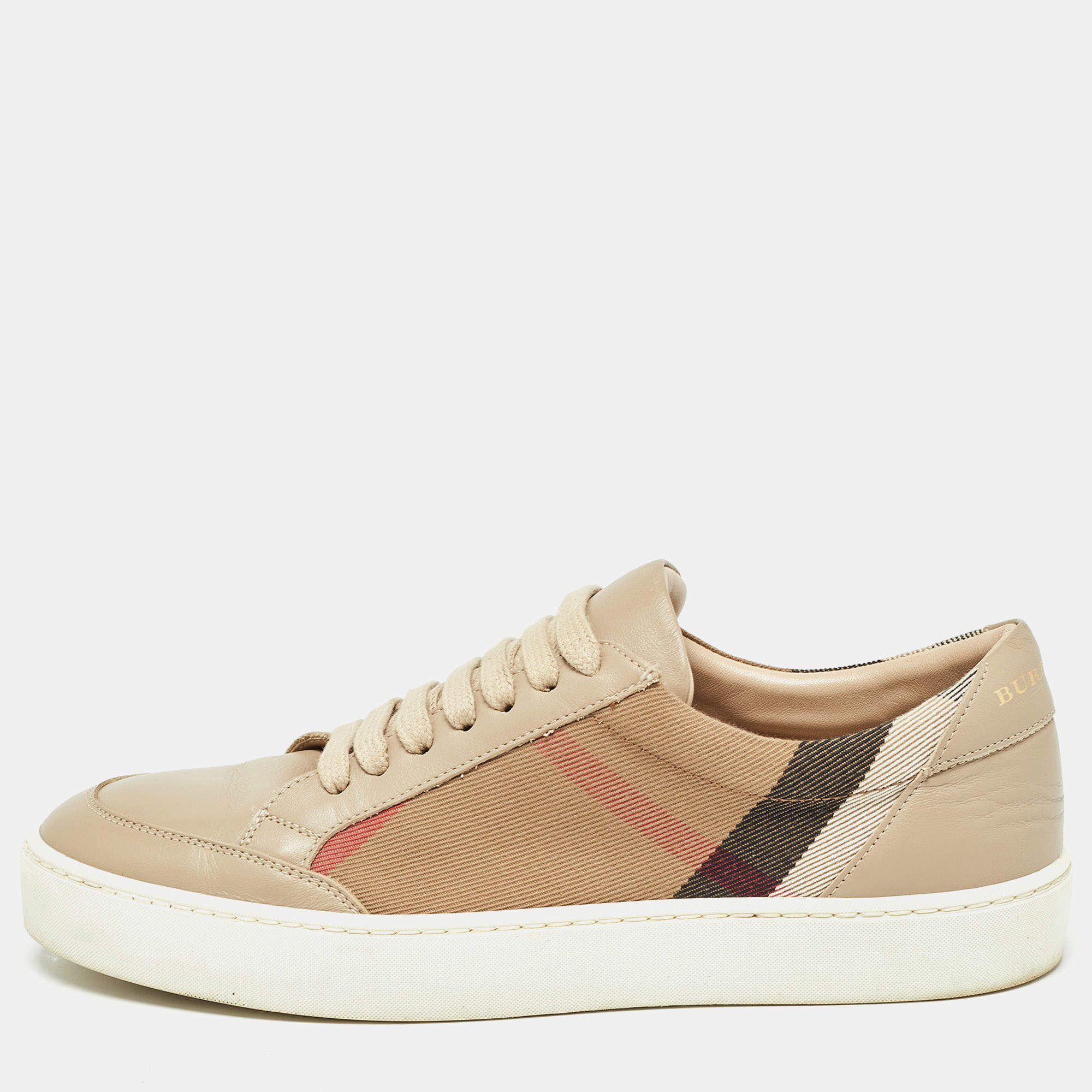 Pre Owned Burberry Brown House Check Canvas and Leather Low-Top Sneakers Size 38